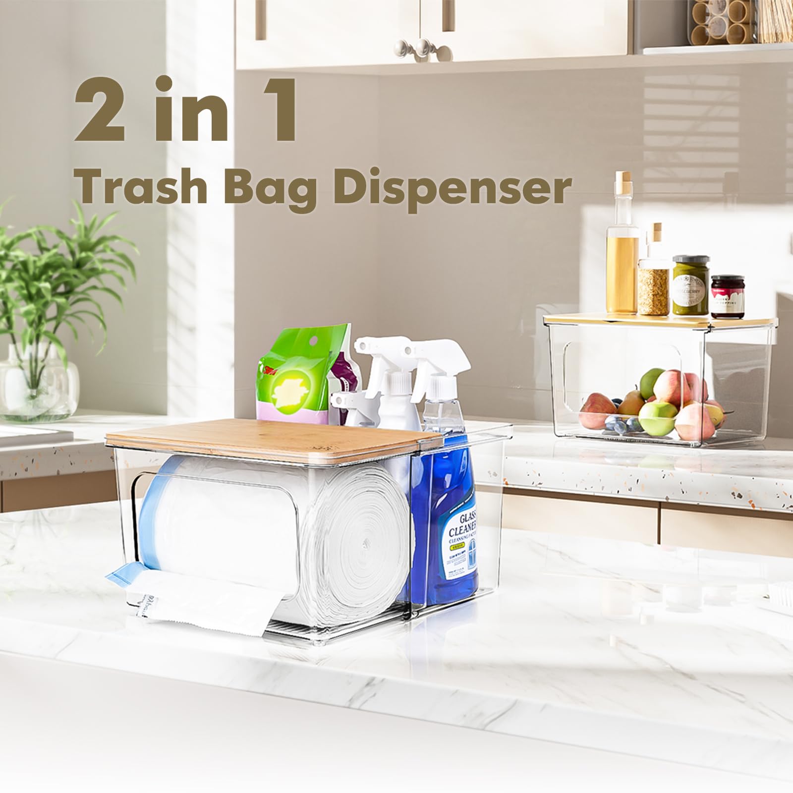 iCASA Dispensador de bolsas de basura, soporte para rollo – Contenedor de bolsas de basura acrílico transparente 2 en 1 con tapa de bambú, caja de almacenamiento de bolsas de plástico para cocina,