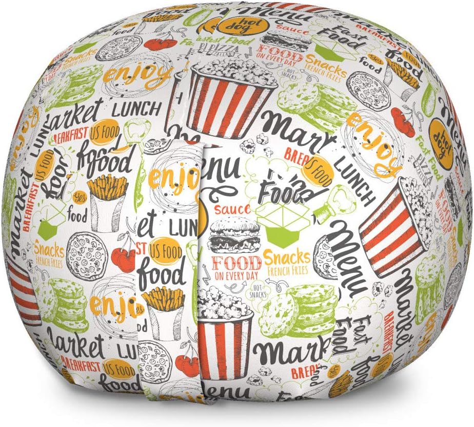 Lunarable Food Storage Toy Bag Chair, Sketch Style Snacks Popcorn Fries Burger and Pizza Colorful Illustration with Words, Stuffed Animal Organizer Washable Bag, Small Size, Multicolor