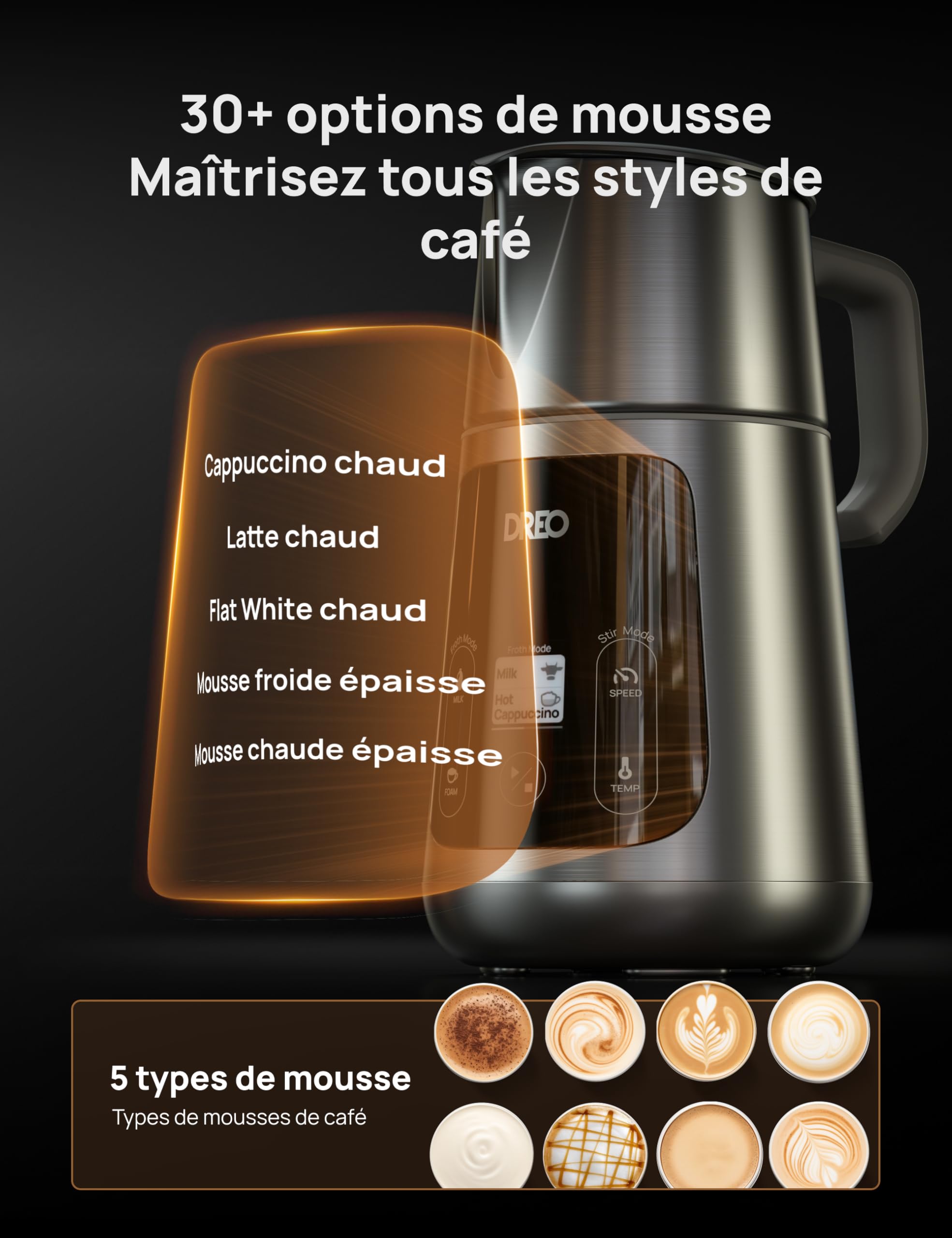 DREO Mousseur à Lait Électrique [Amélioré], Mousseur Automatique All-in-1 de 450ml pour Lait, Cappuccino, Chocolat Chaud, Plus de 30 Boissons, Facile à Nettoyer, Lavable au Lave-vaisselle, Écran LED