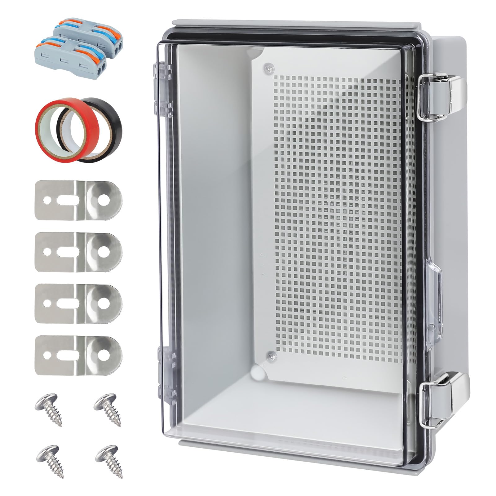 Abzweigdose, IP67 wasserdichte elektrische Box, Scharnier, transparente Abdeckung, elektrisches Gehäuse mit Edelstahlriegel, Klemmkasten mit Montageplatte, Drahtverbinder, Isolierbänder, 29 x