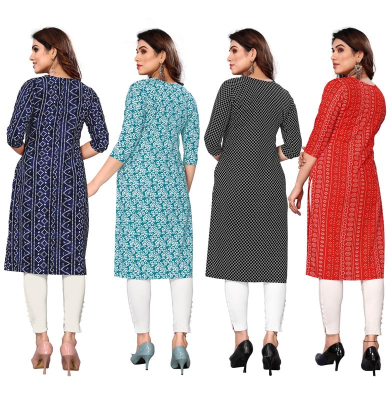 Image of JAKHANA Women's Crepe Printed Casual Straight Calf Length Round Nick Kurta Pack of 4