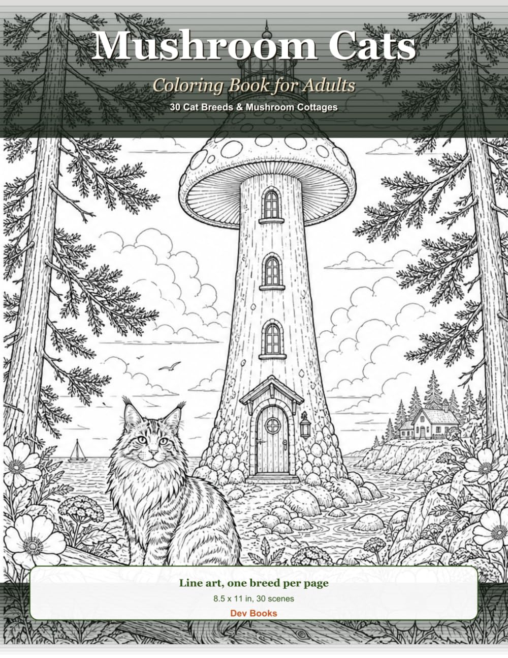 Mushroom Cats: Coloring Book for Adults - 30 Cat Breeds & Whimsical Mushroom Cottage Scenes