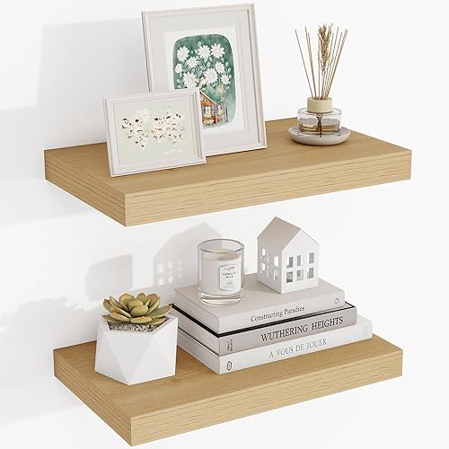 Miniatura 36 de Estantes flotantes de 24 pulgadas, con textura 3D de veta de madera, estantes flotantes de pared de 24"x9.25"x1.5" de profundidad, estantes de Roble