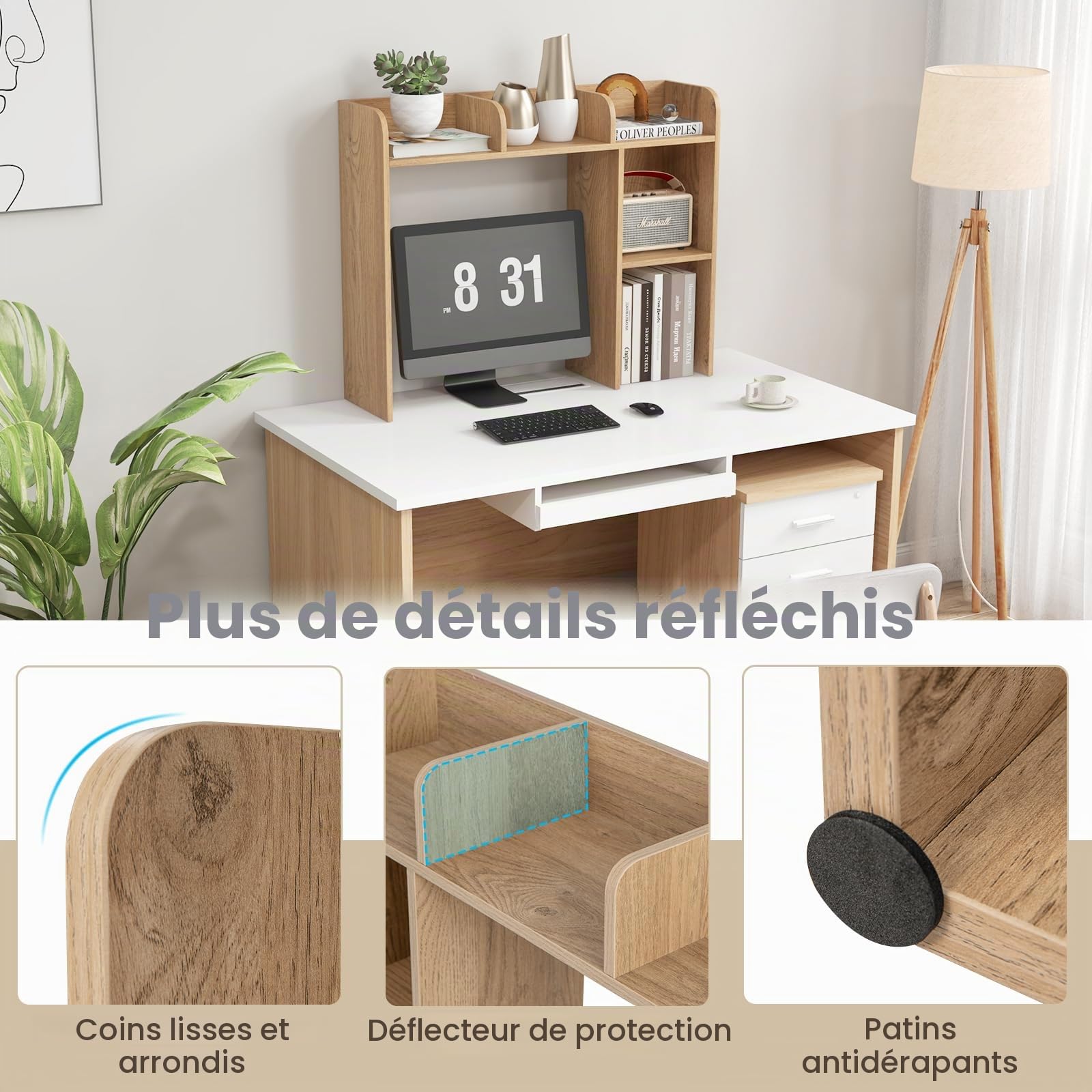 HOMASIS Étagère Bibliothèque de Bureau, Meuble de Rangement avec 4 Etagères et Compartiment Ouvert, en Panneau de Bois avec Dispositif Anti-basculement et Base Antidérapante, 94 x 25 x 74 cm (Brun)
