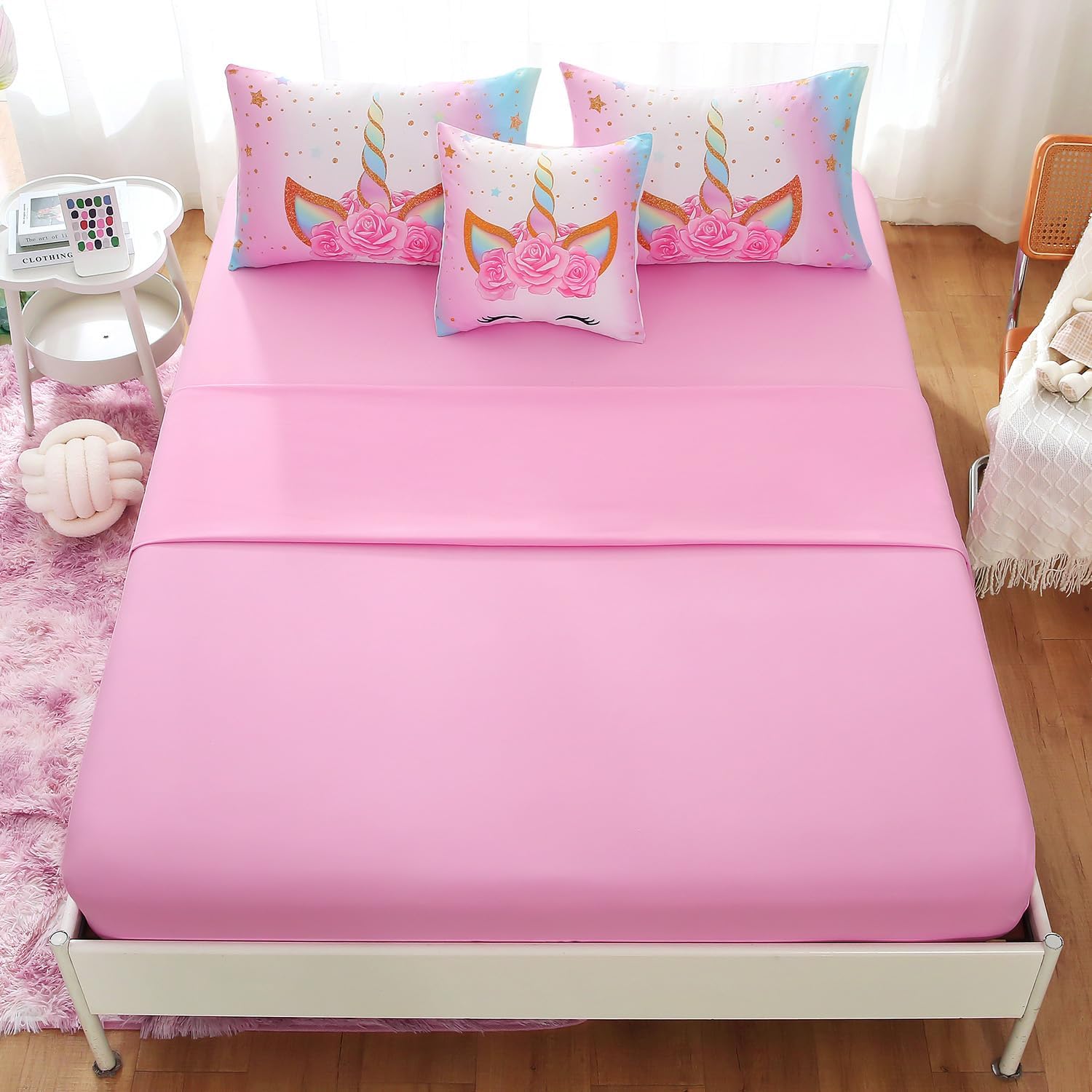 6Pcs Queen Comforter Set with Sheet,Unicorn Flower Bedding Set for Kids,Pink Rainbow Bed in a Bag Bedding for Girls-Smile Unicorn
