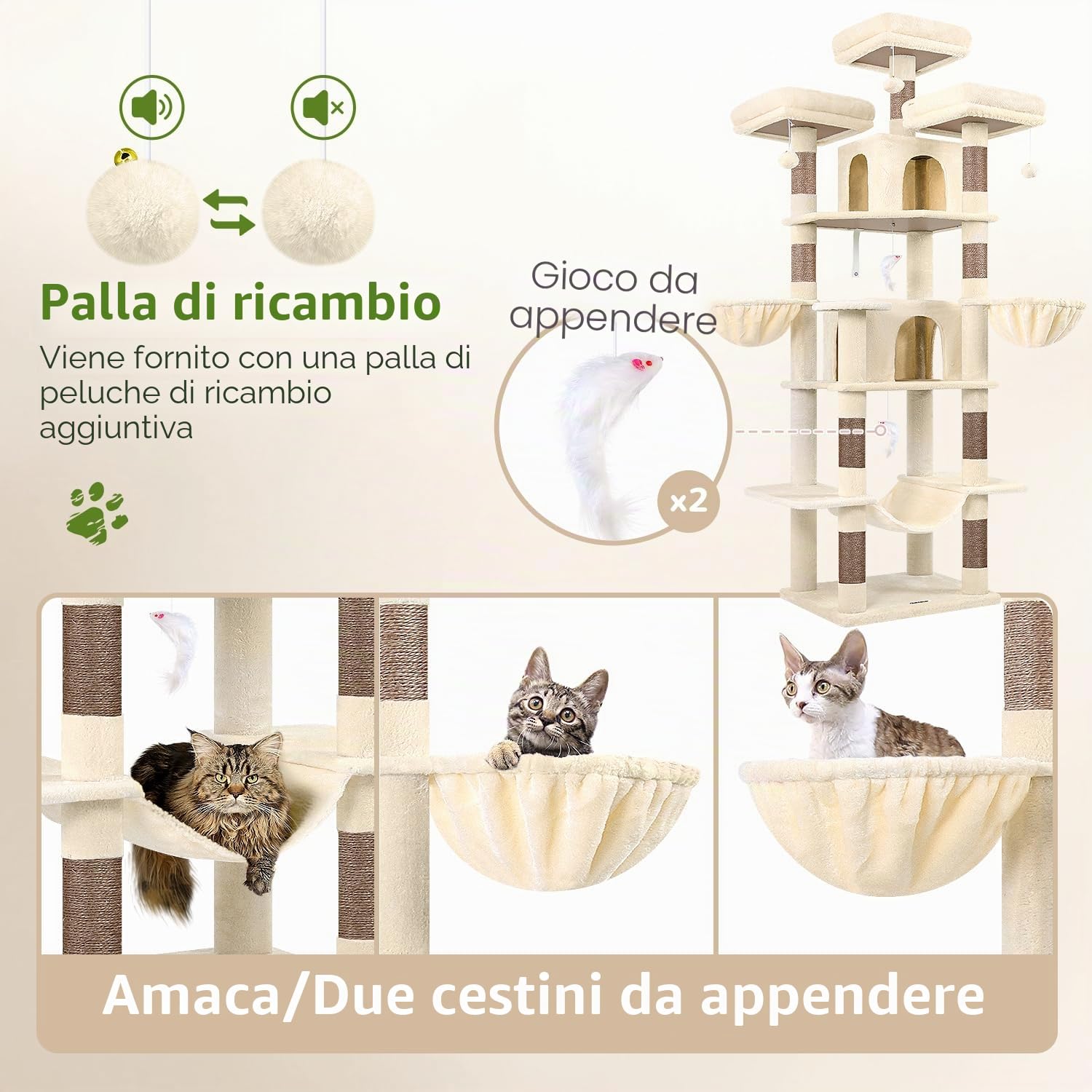 Globlazer Tiragraffi per Gatti Grandi Beige, Castello per Gatto Alto 204 cm con 3 Trespoli Imbottiti, 2 Grotte, 2 Cestini, Amaca, Albero Tiragraffi per Multiplo Grandi Gatti Adulti (F80, Beige)
