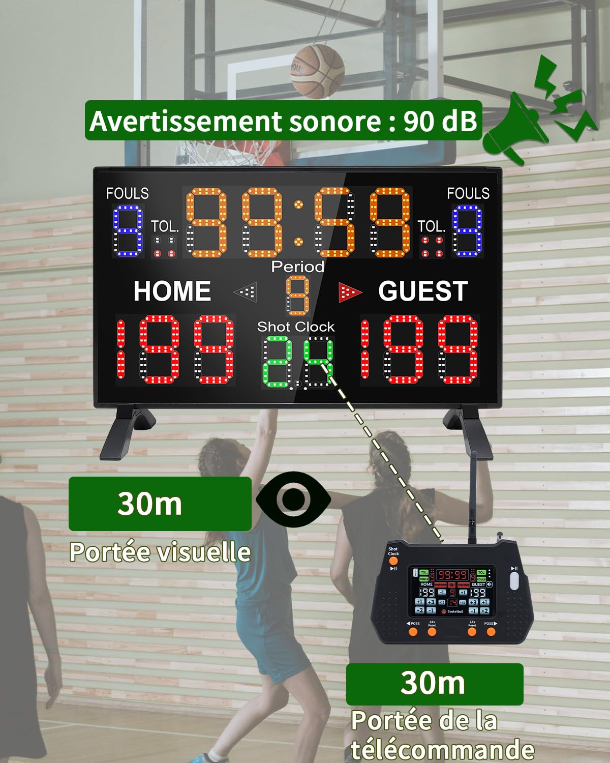 LUCKY TIME Tableau de score de basket-ball avec horloge de tir, 12/14/24/30/25/60 secondes, tableau de score numérique avec télécommande, tableau de score électronique alimenté par piles pour