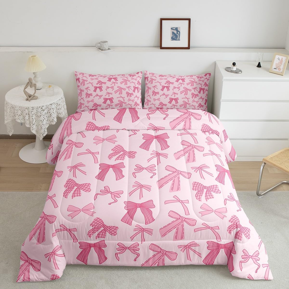 Erosebridal Pink Bowknot Kids Comforter Set Toddler Size, Dreamy Princess Style Bedding Set Cartoon Bow Tie Kawaii Duvet Insert for Girls Boys Children Women, Cartoon Bow Knot Quilt, Lightweight