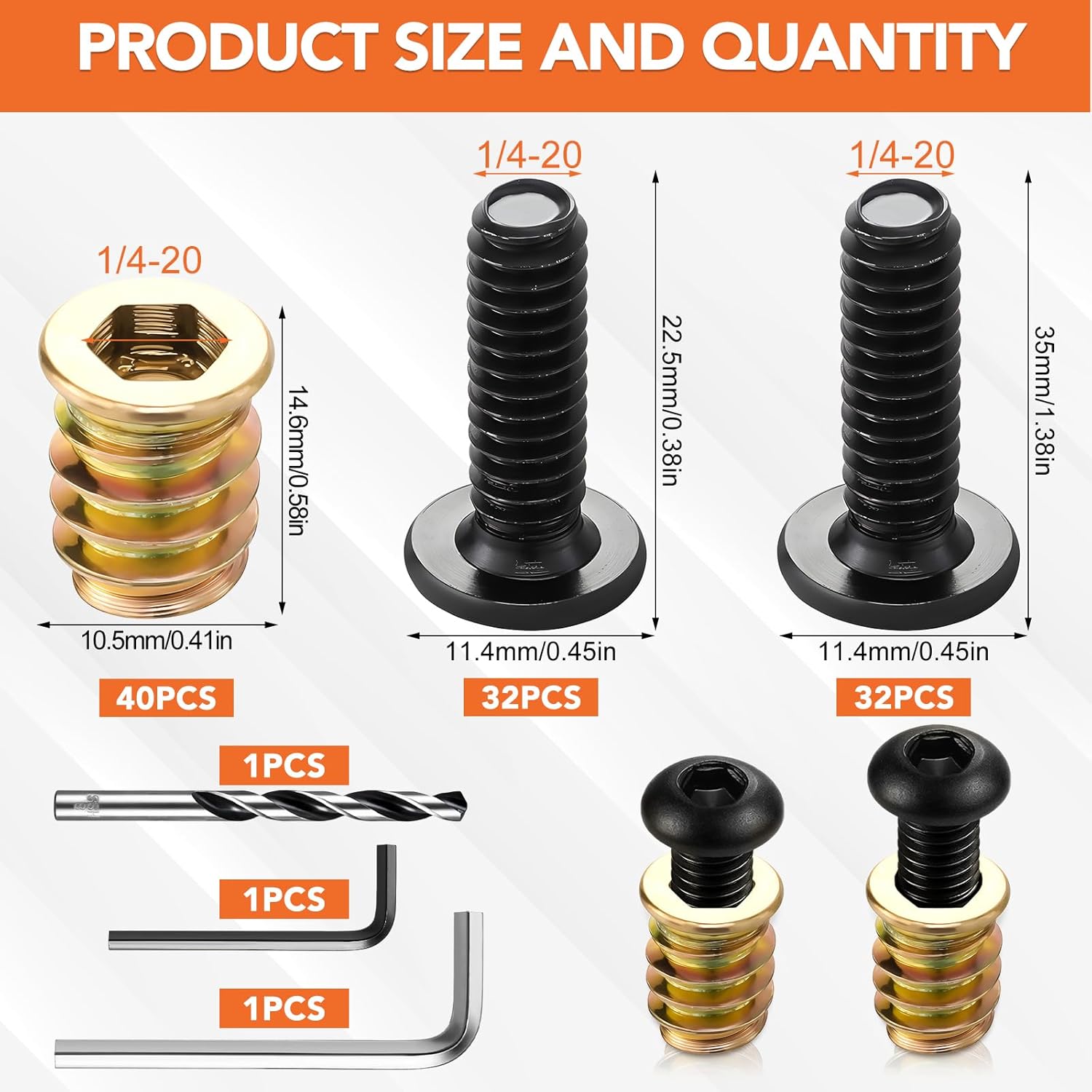 Hapric 120 Pcs 60 Sets 1/4-20 x 15mm Threaded Inserts for Wood Furniture Screw Threaded Wood Inserts 1/4-20 x 3/4", 1/4"-20 x 1-1/4" Bolts and Nuts