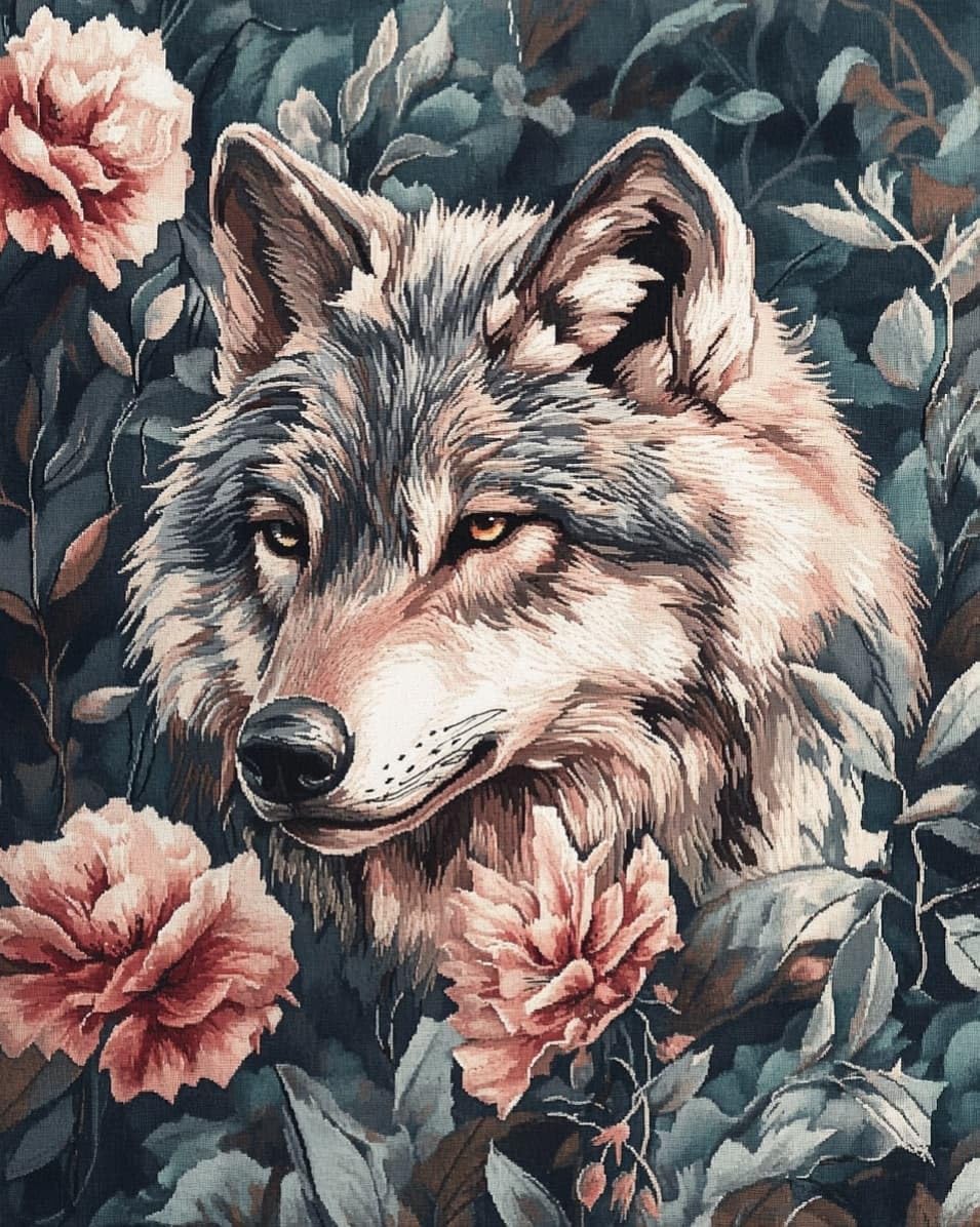 WallustrioaW Cross Stitch Kits for Adults,Wolves and Flowers,Stamped 11CT Printed Cross Stitch,Embroidery Kits for Beginner Wall Art Home Decoration,16x20in