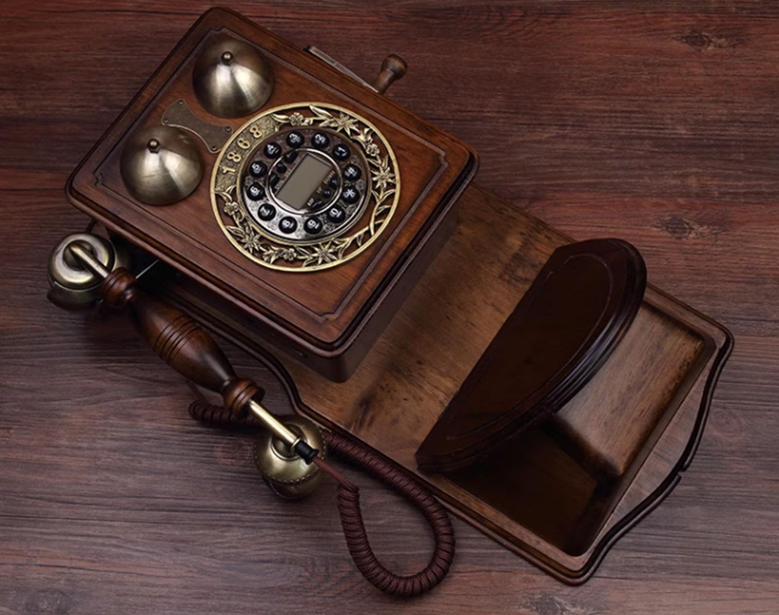 HJMMWT Telefon montowany na ścianie Retro drewniany przewodowy dekoracja domu/biura Telefon stacjonarny w stylu vintage