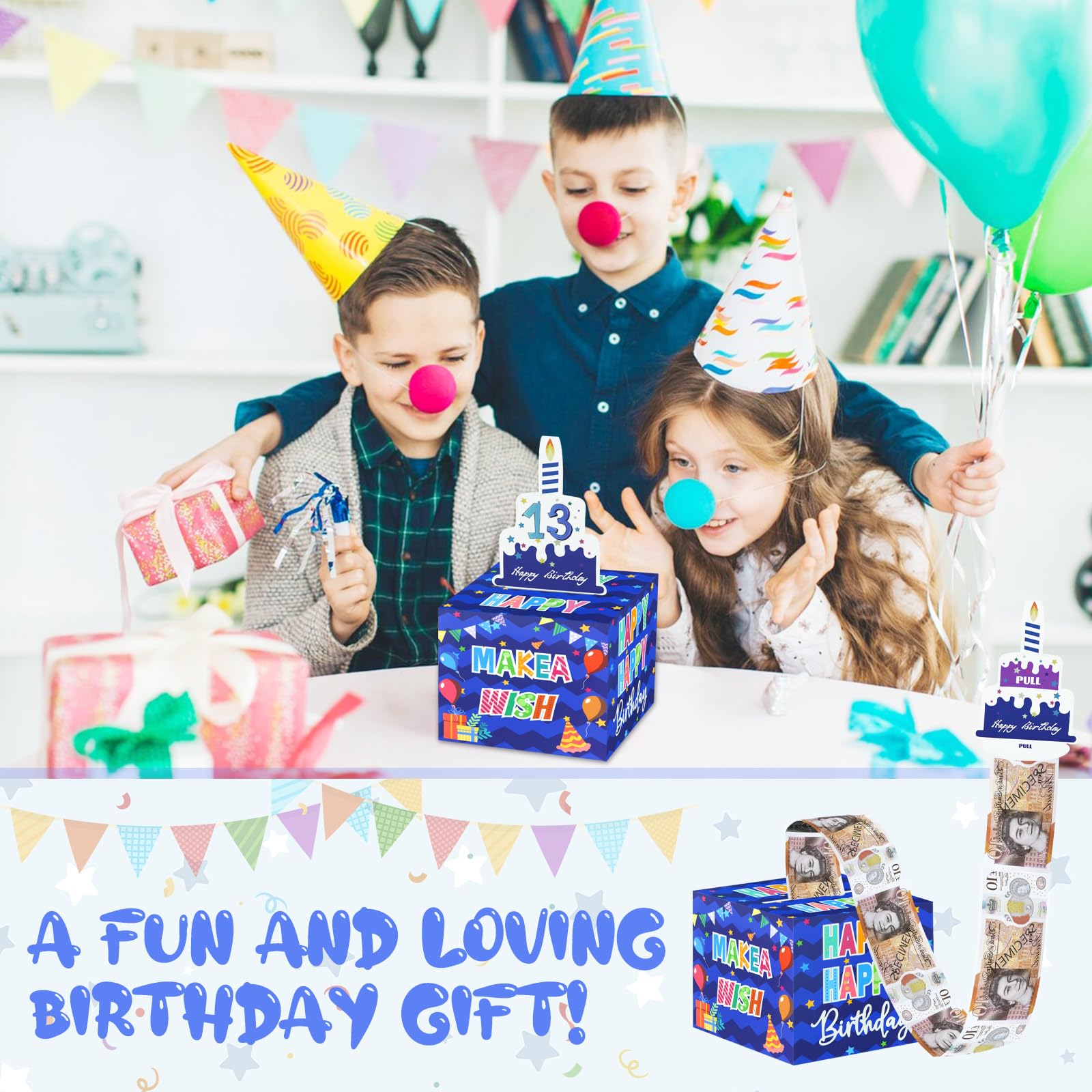 Birthday Money Pull Box - Pop Up Cash Gift Box With 50 Bags & Stickers
