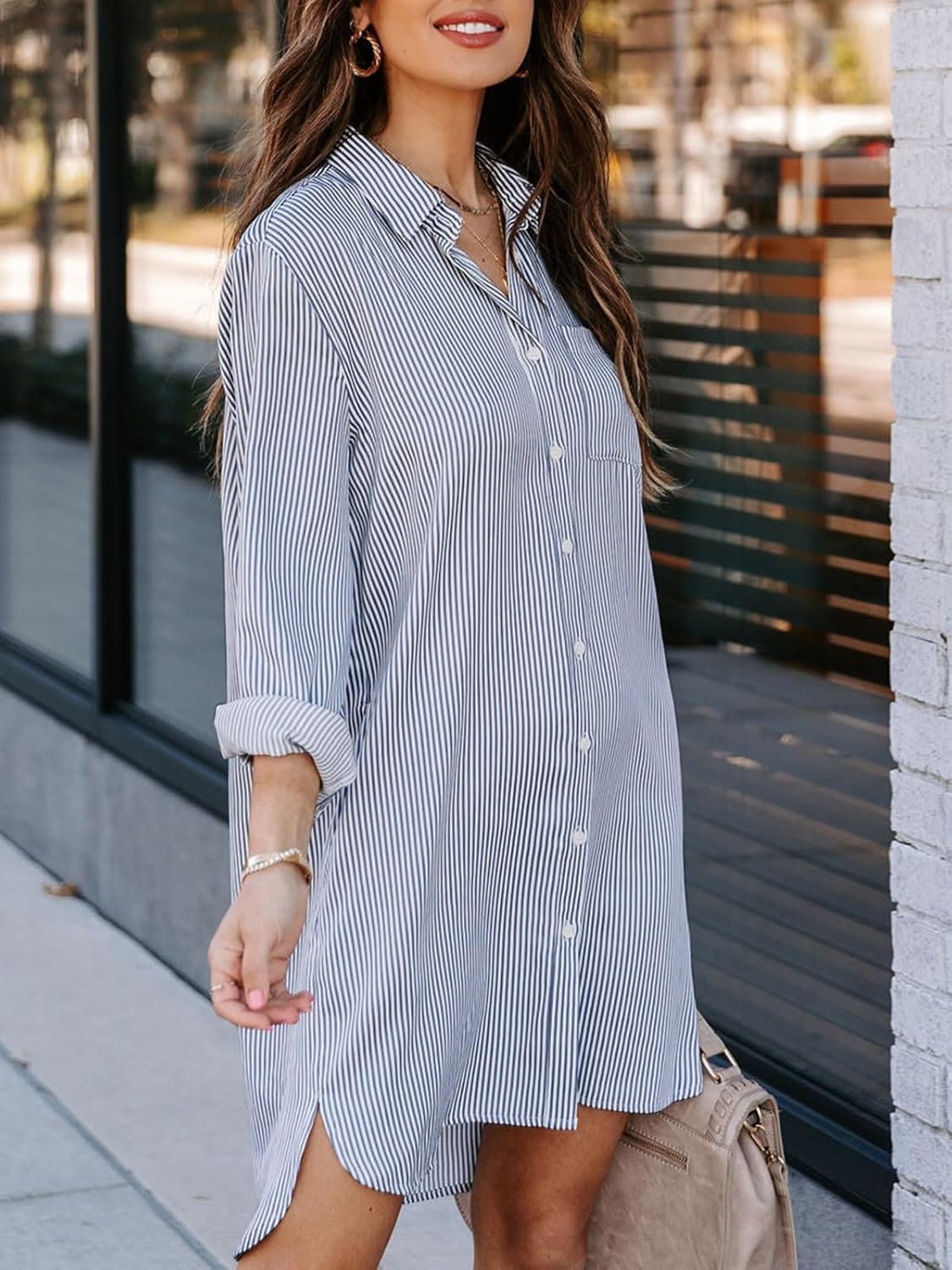 Aoudery Womens Button Down Shirt Dresses with Pockets Striped Cotton Shirts Collared Long Sleeve High Low Blouse Tops