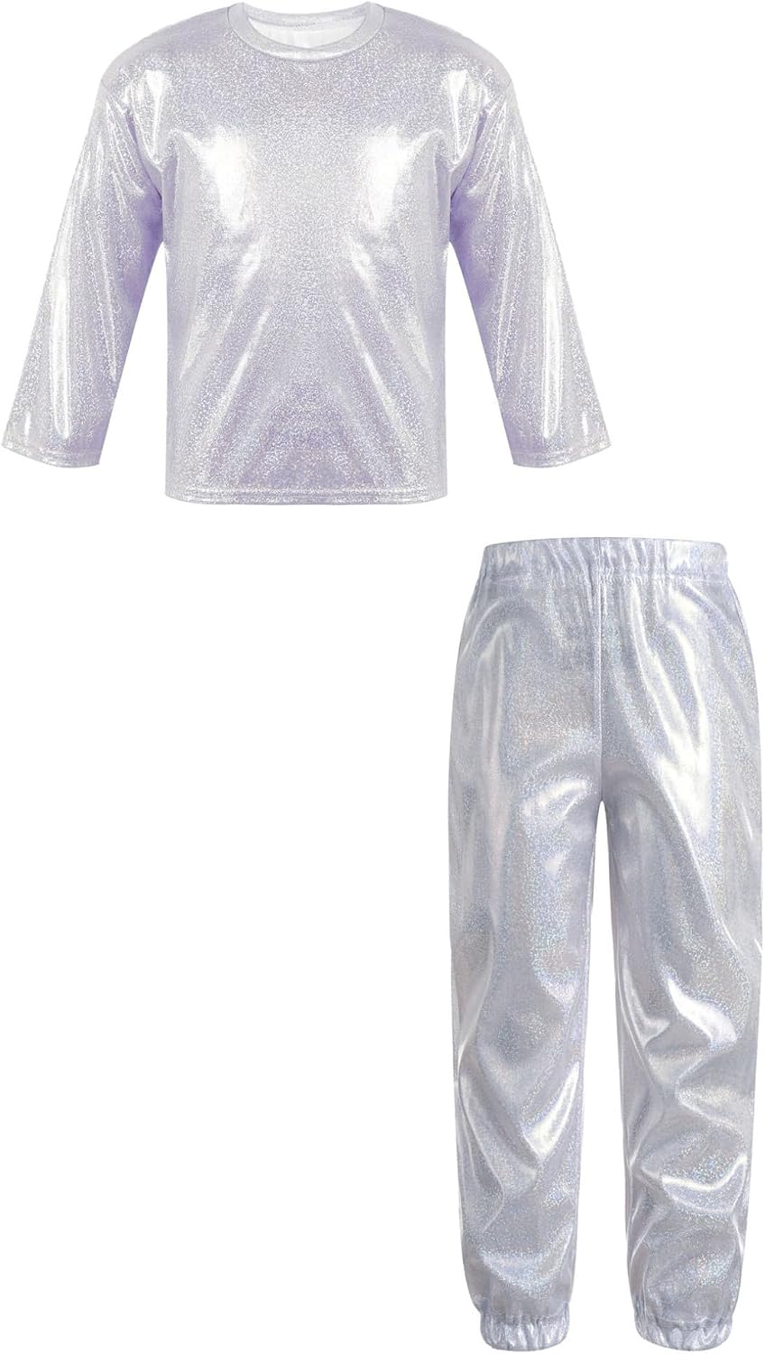 ACSUSS Children Stage Performance Dance Set Shiny Long Sleeve Top with Glitter Elastic Pants Silver 9-10 Years