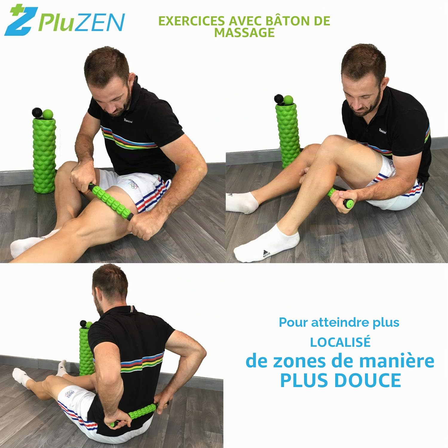 Kit complet de massage 4 en 1 | Rouleau mousse 45 cm avec couvercles et sangle de transport, bâton de massage 7 rouleaux, balle rigide lisse, balle à picots | Pour détente myofasciale, massage des tissus profonds et thérapie des points gâchettes | Détend