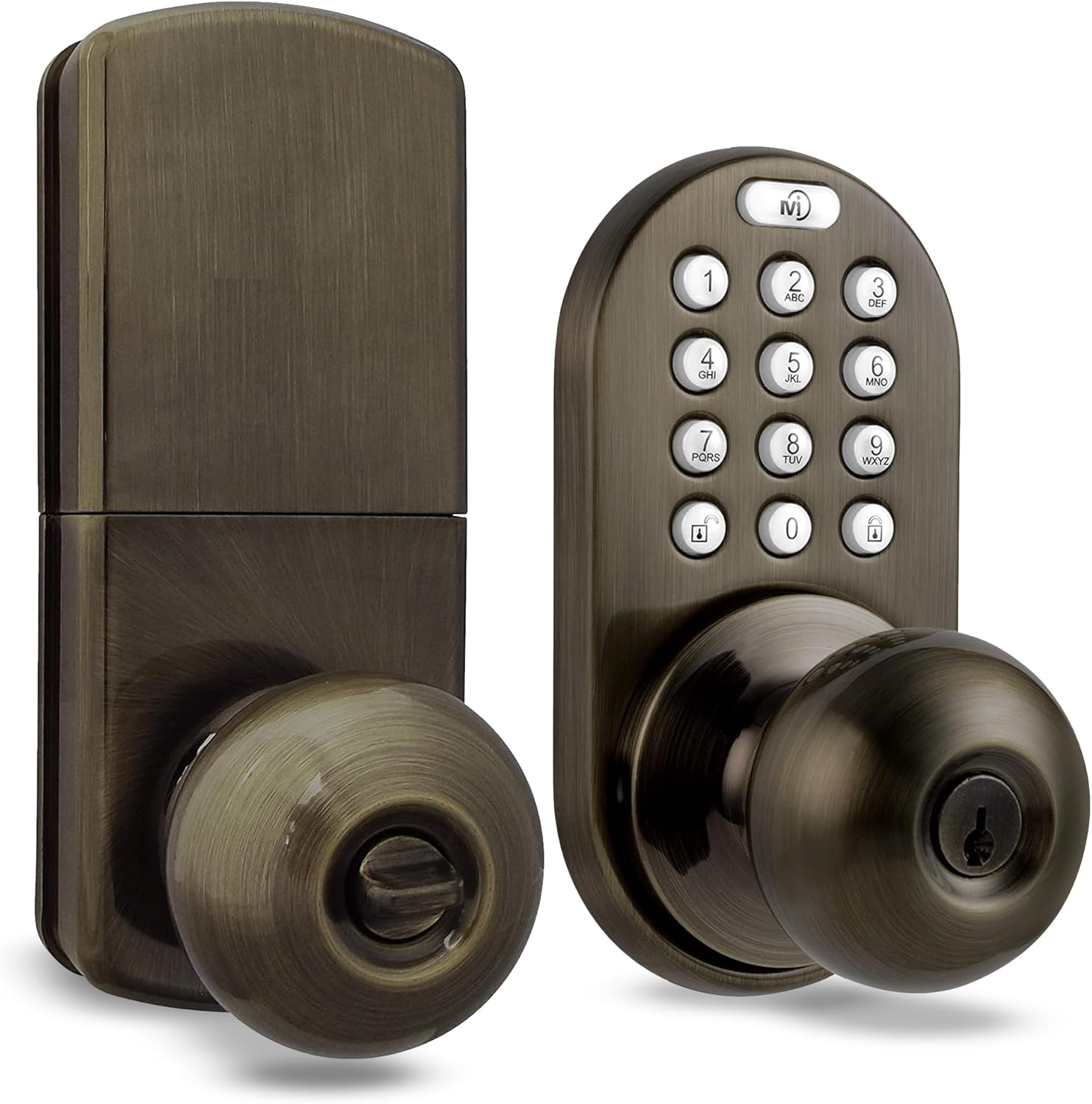 MiLocks TKK-02AQ Digital Door Knob Handle Lock with Electronic Keypad – Keyless Entry Smart Door Lock with Adjustable Latch Locks, Audible Tones for Interior Front Doors & More, Antique Brass