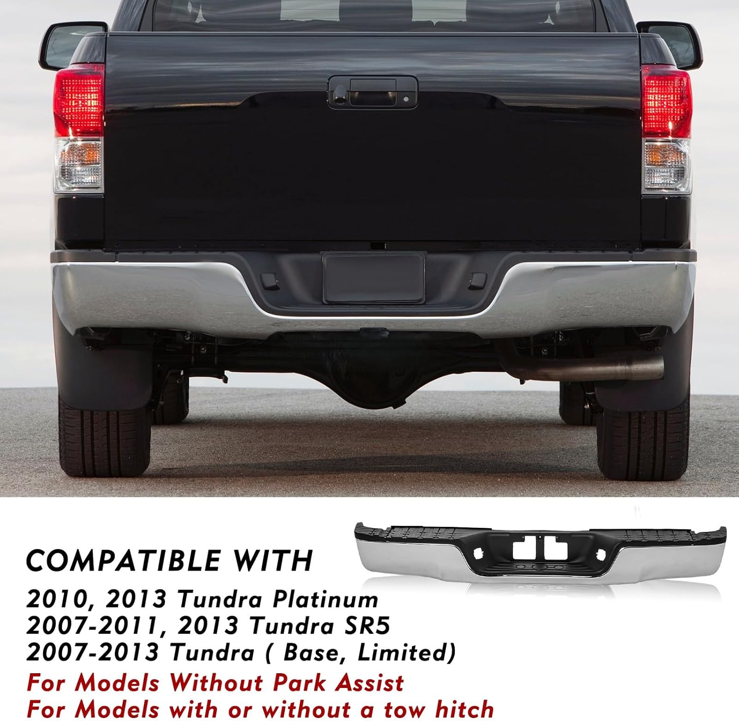 TUSDAR Rear Bumper Replacement For 2007-2013 Toyota Tundra Pickup Steel Step Pad Fleetside Back Bumper Assembly W/O Sensor Holes Chrome TO1103117