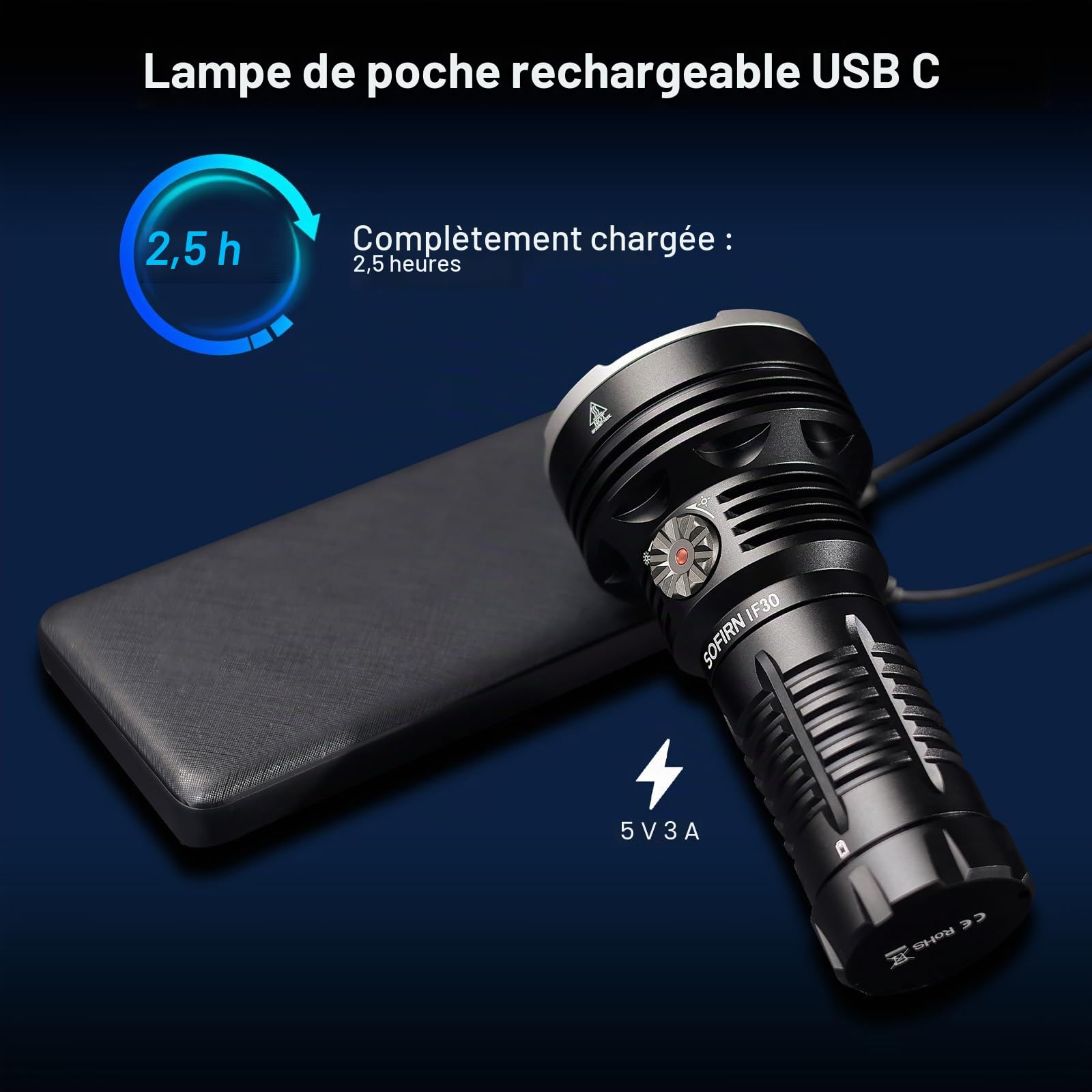 sofirn IF30 Lampe Torche Puissante 12 000 Lumens Ultra Lumineuse Lampe de Poche LED Portée Max 685 Mètres IPX8 étanche Lampe Puissante Rechargeable Pour La Maison et L'extérieur