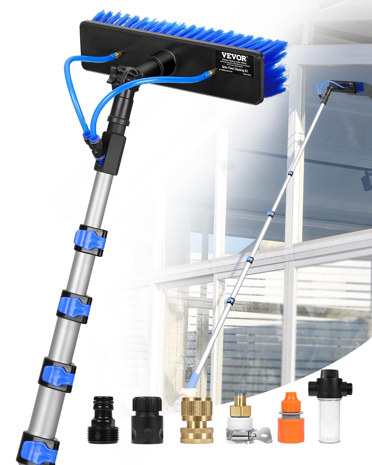 VEVOR Water Fed Pole Kit, 24FT Solar Panel Cleaning Pole with Extendable Handle, 180° Rotatable Brush Head & 65.6FT Hose, Household & Outdoor Window