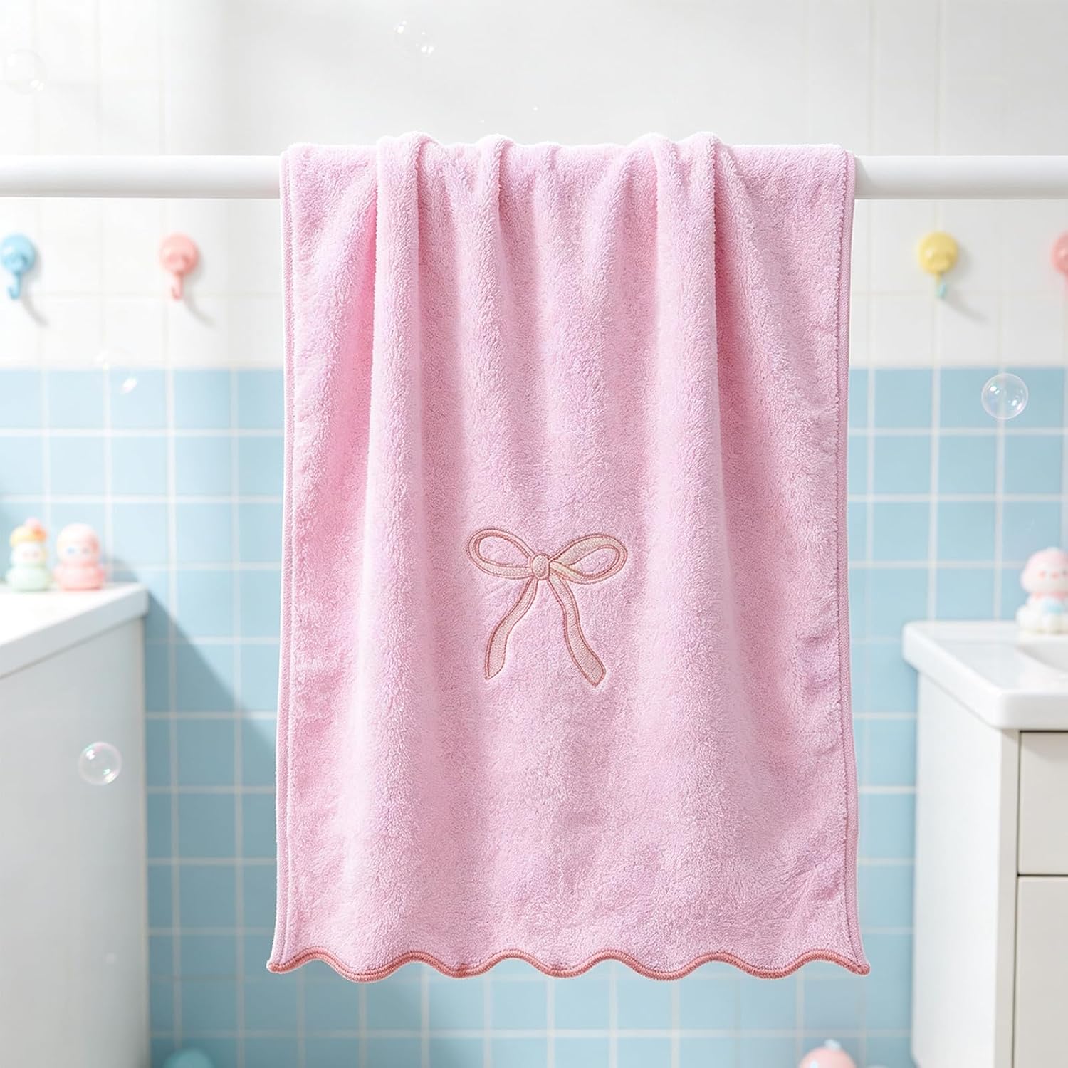 UKCOCO 2PCS Scalloped Pink Bow Fingertip Towels, Embroidered Coquette | 29x13'', Cotton Hand Towels for Bathroom, Soft Absorbent Decorative Linens for Chen & Guest Housewarming Gift