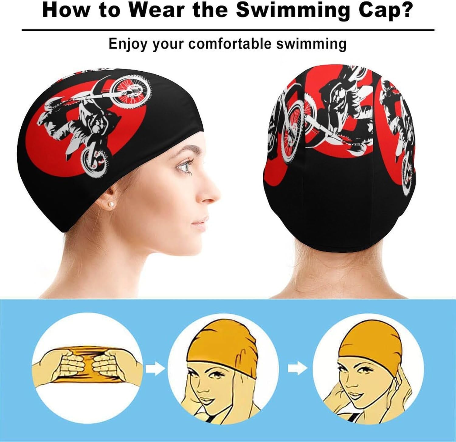 Dirt Motorcycle Mountain Bike Womens Swim Cap for Men Adult Swimming Hat Curly Short Medium Long Hair