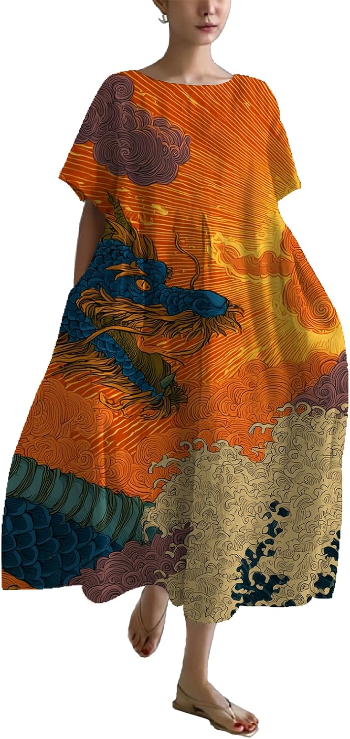 Summer Maxi Dress for Women Plus Size Japanese Art Casual Comfy Short Sleeve Loose Fit Vacation Sundress