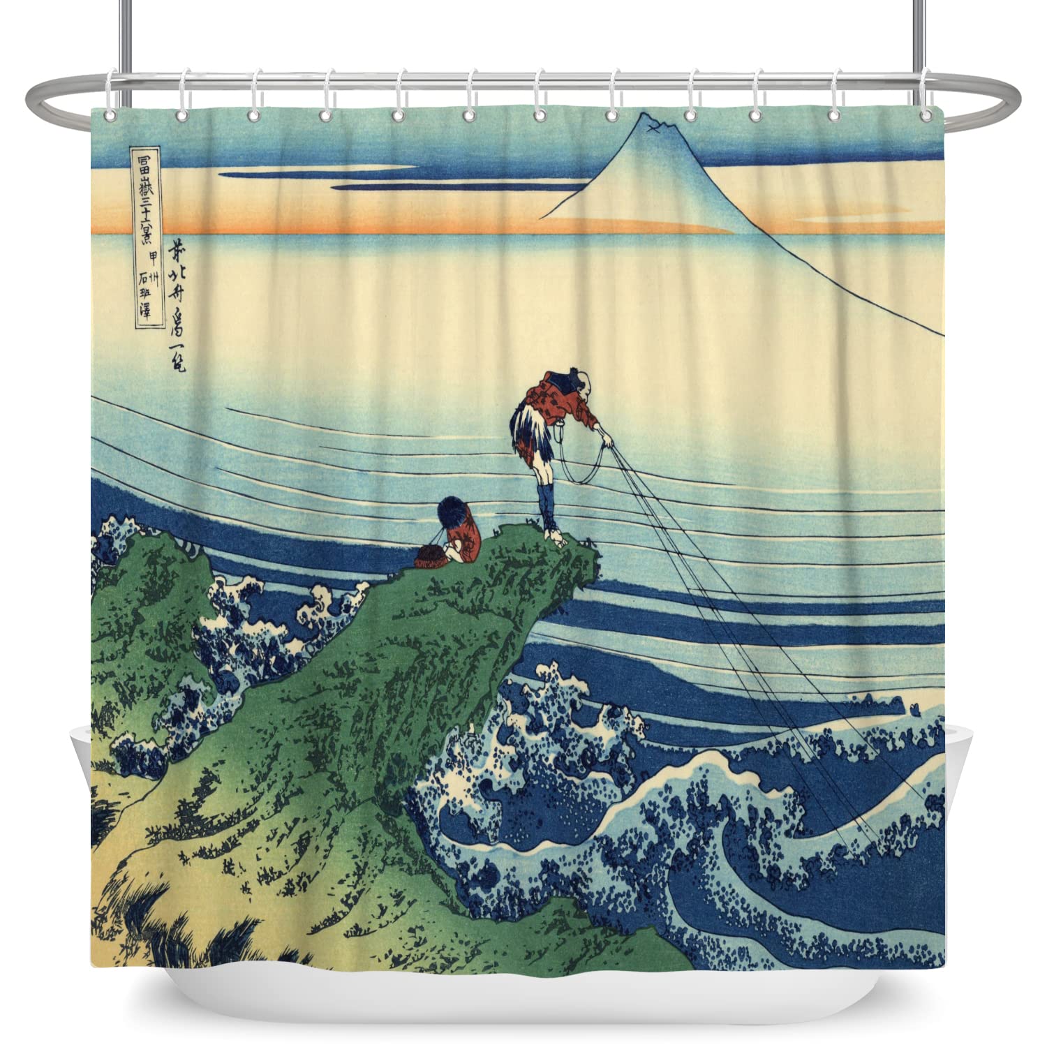 SDOTPMT 72x84inch Abstract Ukiyo-e Anime Shower Curtain Japanese Ocean Waves Mount Fuji Kanagawa Scenery Bath Curtain Orient Traditional Ethnic Shower Curtain for Bathroom Polyester with Hooks