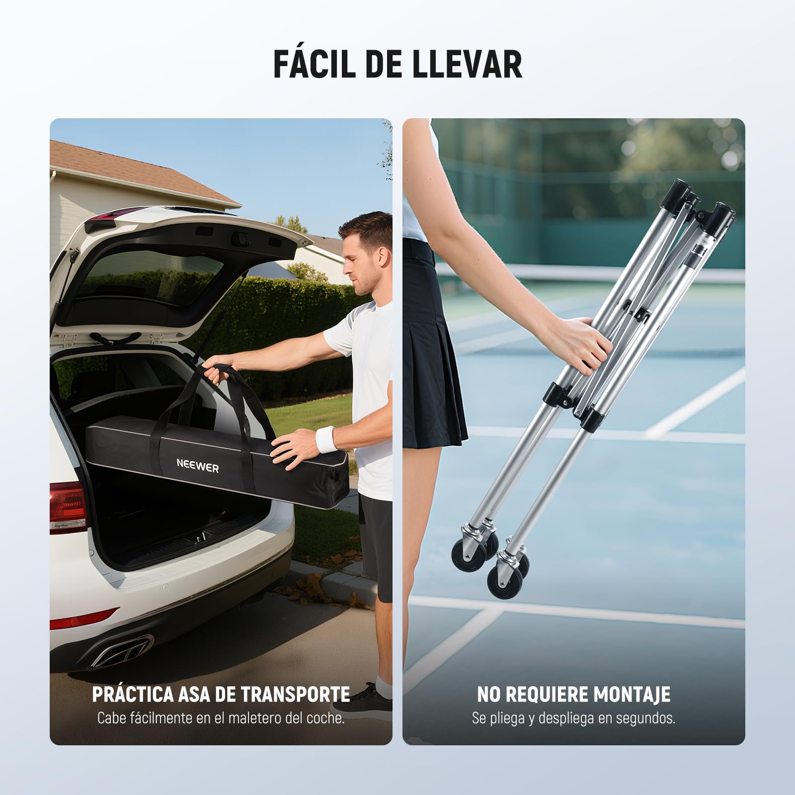 NEEWER Contenedor de Pickleball con Ruedas, Plegable Poliéster Picker Upper Hopper Carrying Basket Cart Holder con Bolsillo Lateral