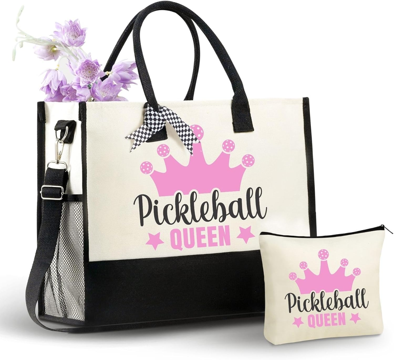 InnoBeta Pickleball Gifts for Women Canvas Tote Stuff Bag with Top Zipper, Shoulder Strap