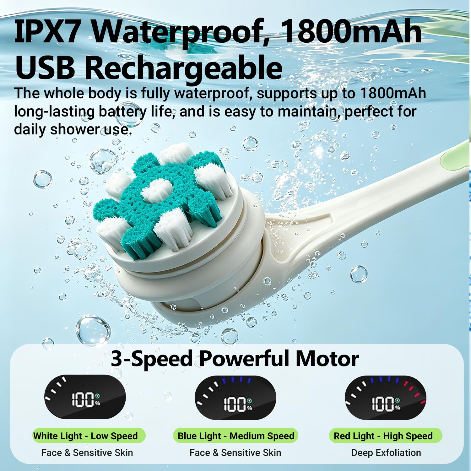 Rückenschrubber, Elektrischer Körperschrubber, Trockenbürste, IPX6 wasserdichte Körperbürste Wiederaufladbare USB-Aufladung mit Greenandle, Lotion-Applikator für Rücken, Grün