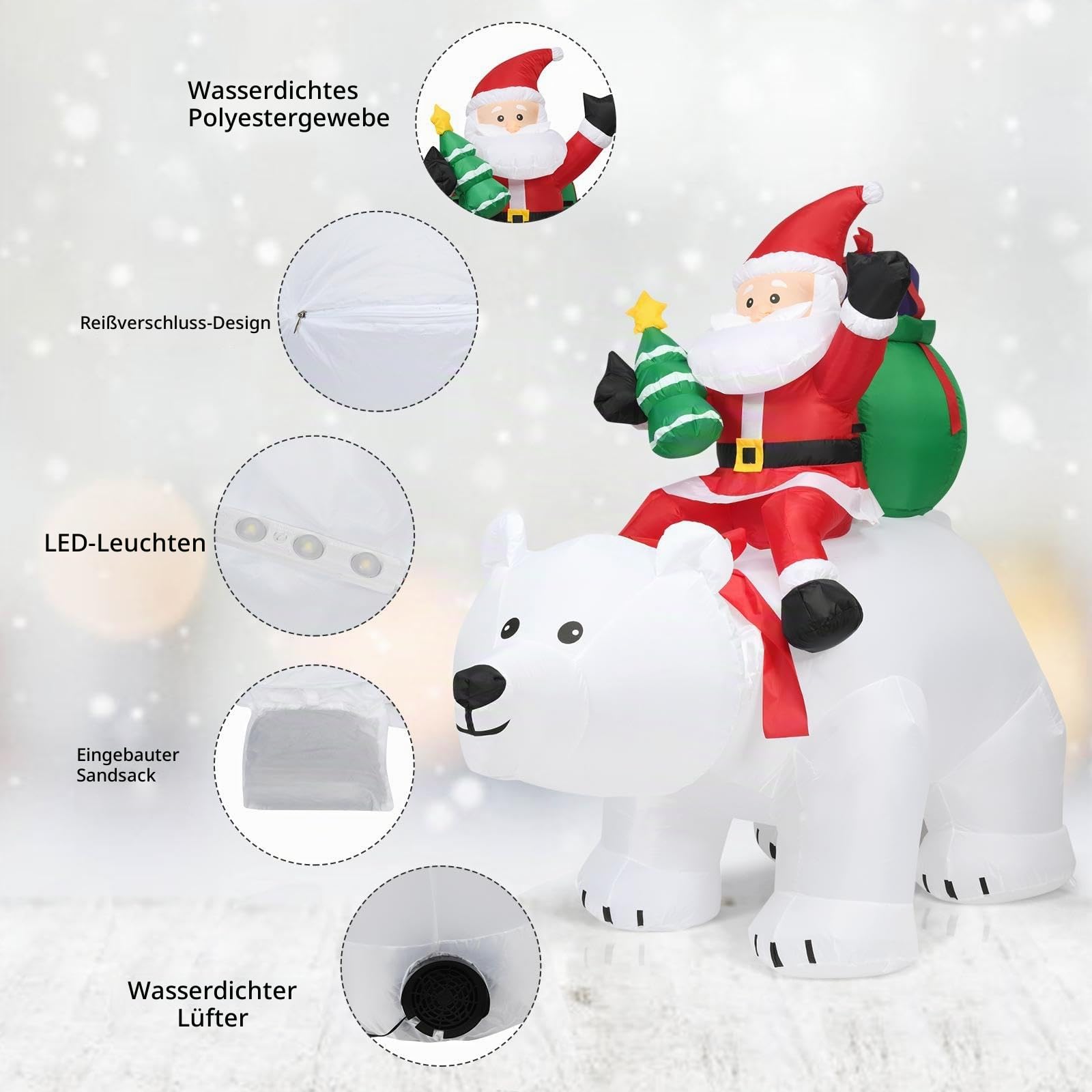 SOARS aufblasbarer Weihnachtsmann auf Eisbär, Weihnachten Eisbär mit wackelndem Kopf, LED, Weihnachtsdeko aussen XXL, Weihnachtsfigur, Weihnachtsbeleuchtung, 200 x 87,5 x 175cm