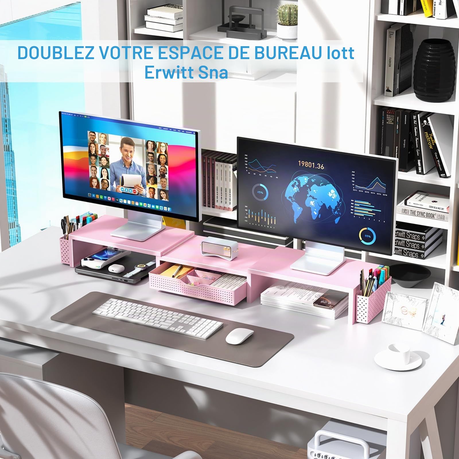 Support élévateur pour double moniteur, accessoires de bureau en métal avec tiroir et 2 porte-stylos, longueur et angle réglables - Support de moniteur d'ordinateur pour écran, ordinateur