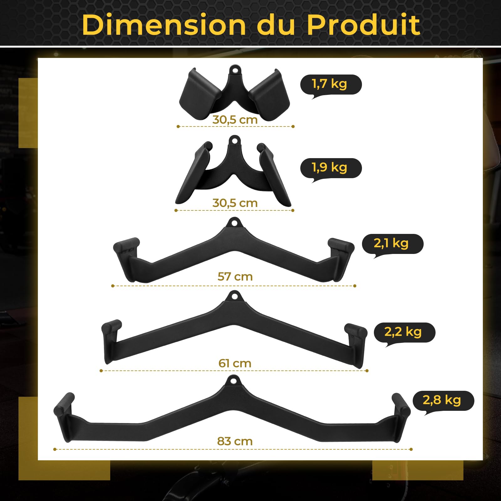 Barres De Traction Pour Machine à Câble - Lot Avec Barre En V Et Poignées - 5 Tailles (30 à 81 Cm) - Acier Revêtu, 450 Kg Capacité