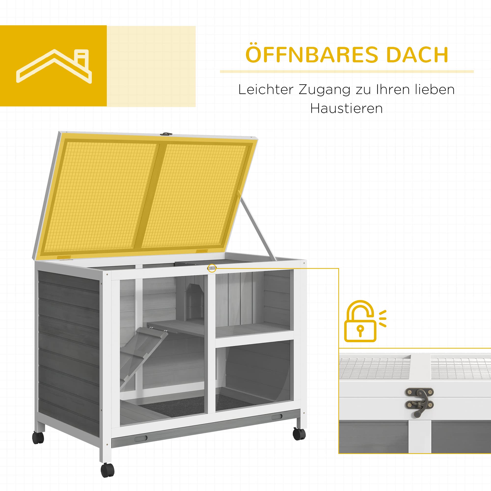 PawHut Kaninchenstall aus Holz 2 Etagen für Innen 91,5 x 53,3 x 73 cm Grau | Freilaufgehege, Rädern, Klappdach, Rampe, Tablett, Winterfest, Meerschweinchenstall, Indoor Kleintierstall, Kaninchenkäfig