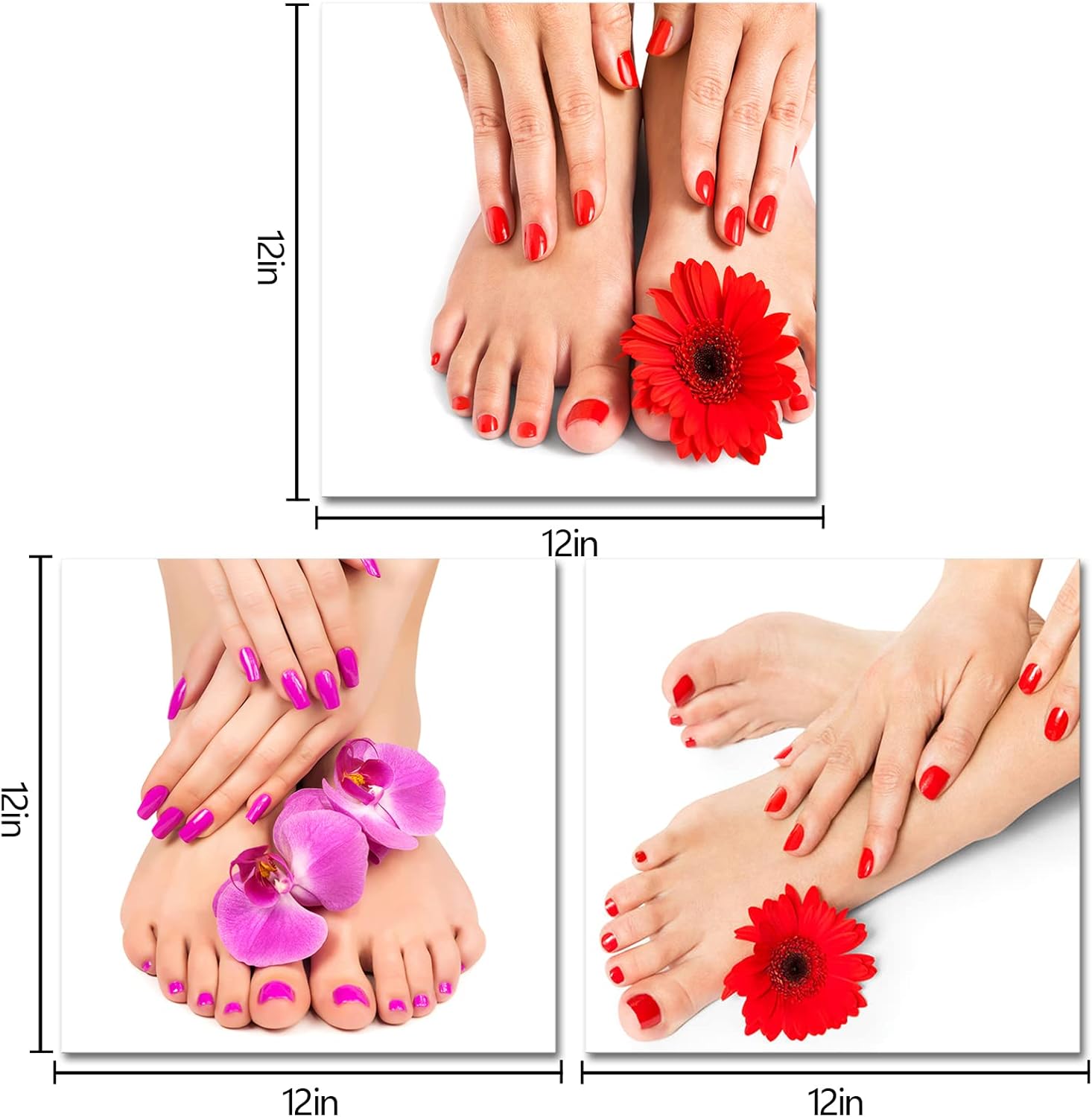 HOMEOART Beauty Salon Decor Pedicure & Manicure Poster Canvas Art Prints Nail Salon Wall Decor, Framed 12"x12"x3 Pieces