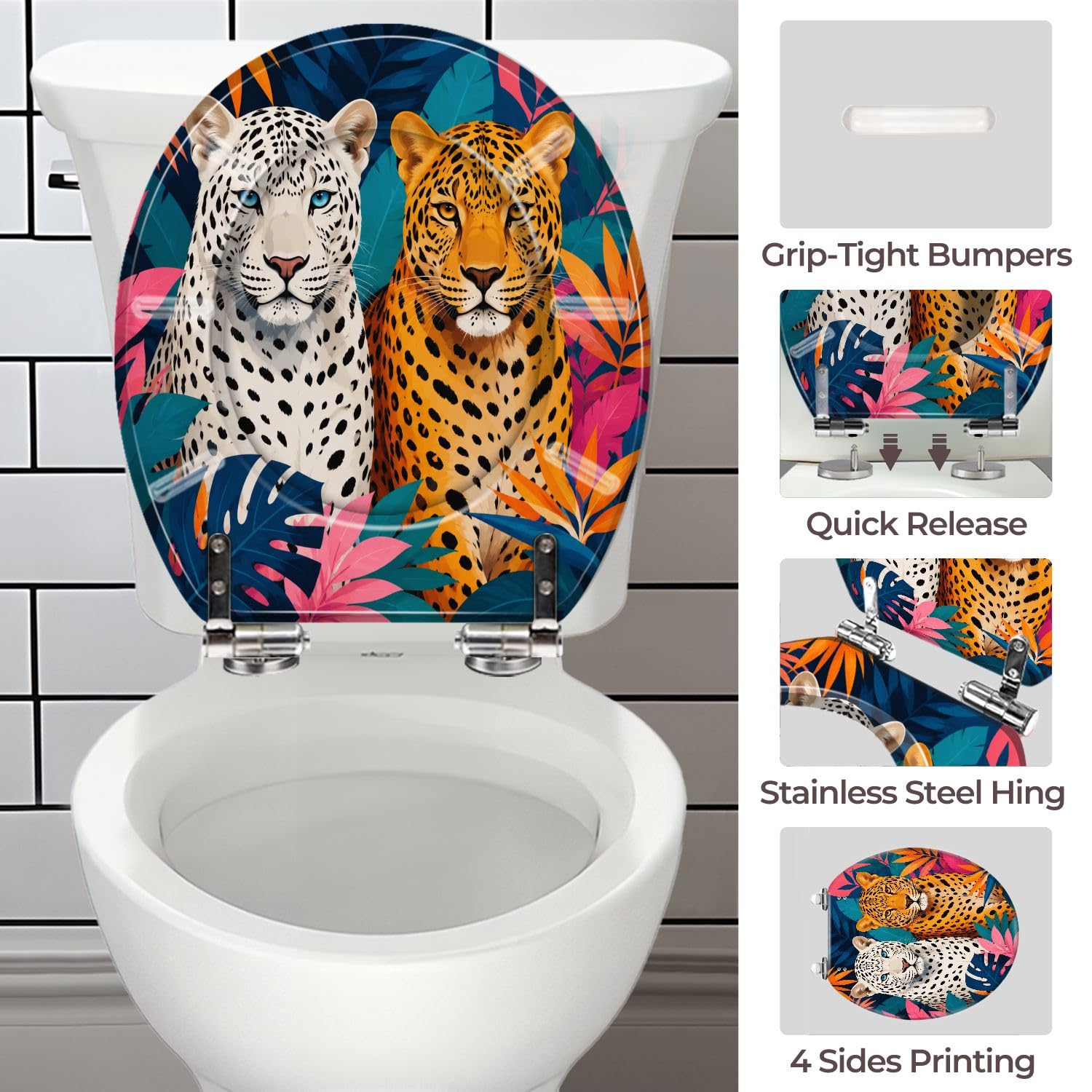 Asiento de inodoro redondo con estampado de guepardo para baño