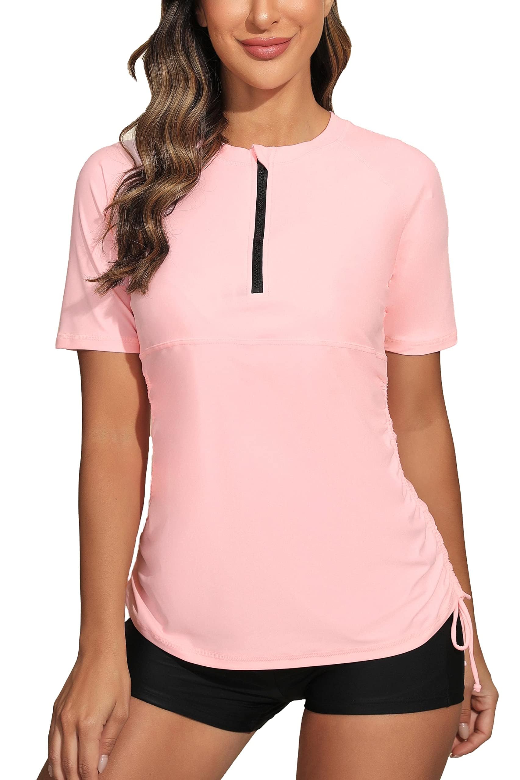 Halcurt Camiseta de manga corta con cremallera para mujer, con fruncido UPF 50, para mujer, Rosado y gris, Medium