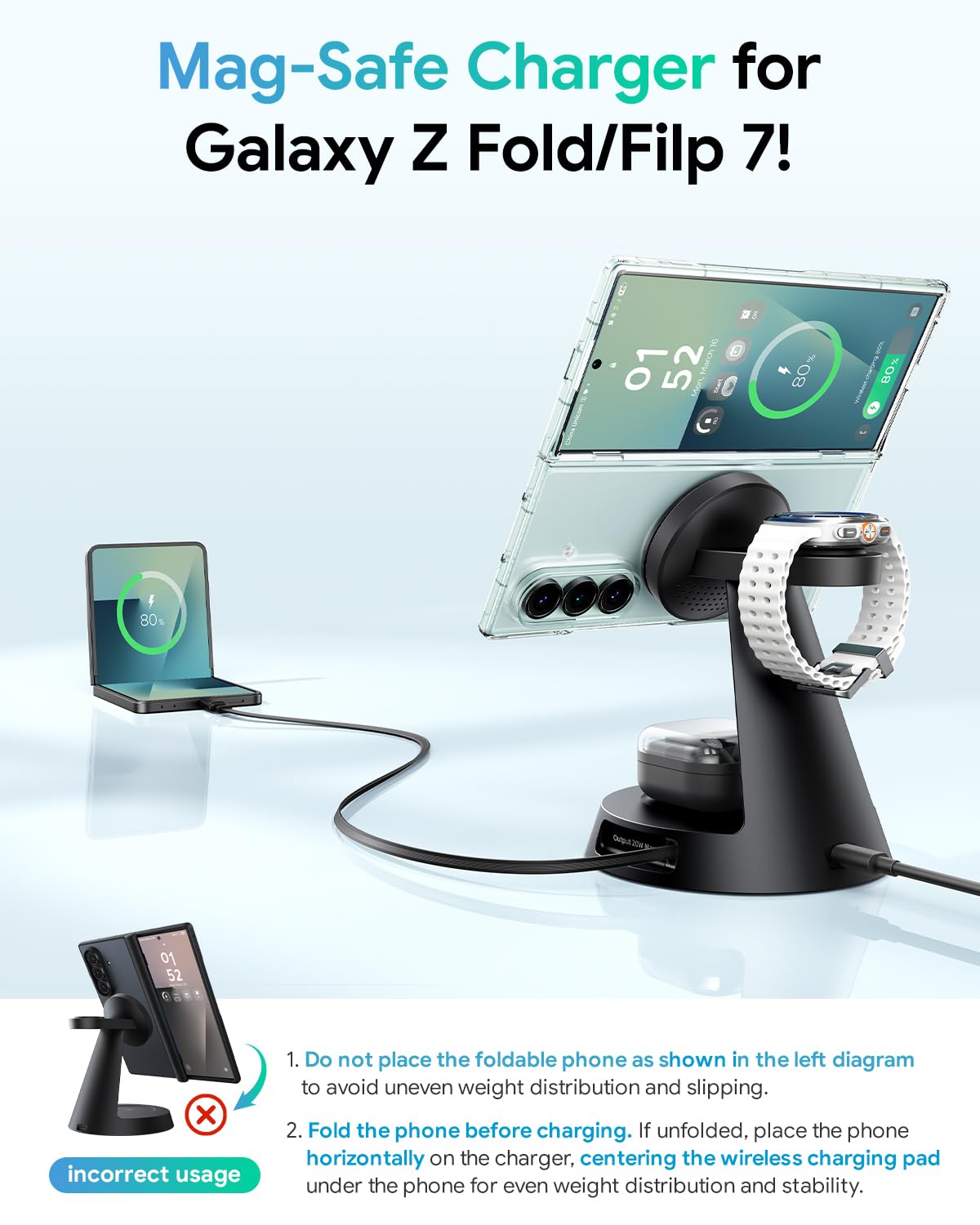 Meifigno Caricatore magnetico 4 in 1 per Samsung con cavo di ricarica rapida estensibile da 20 W, stazione di ricarica wireless compatibile con supporto di ricarica MagSafe per Galaxy S26 Ultra, Z
