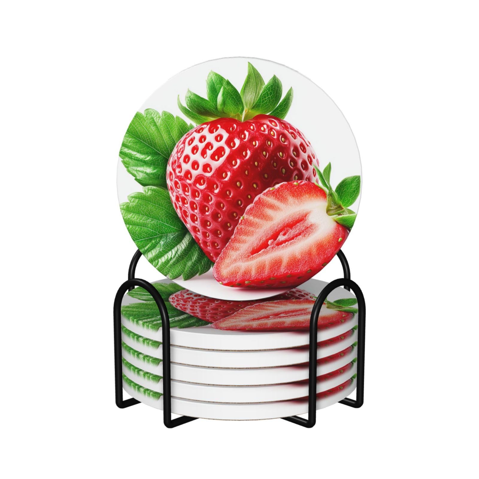 Strawberry with A Slice Ceramic Coasters with Holder 6ps