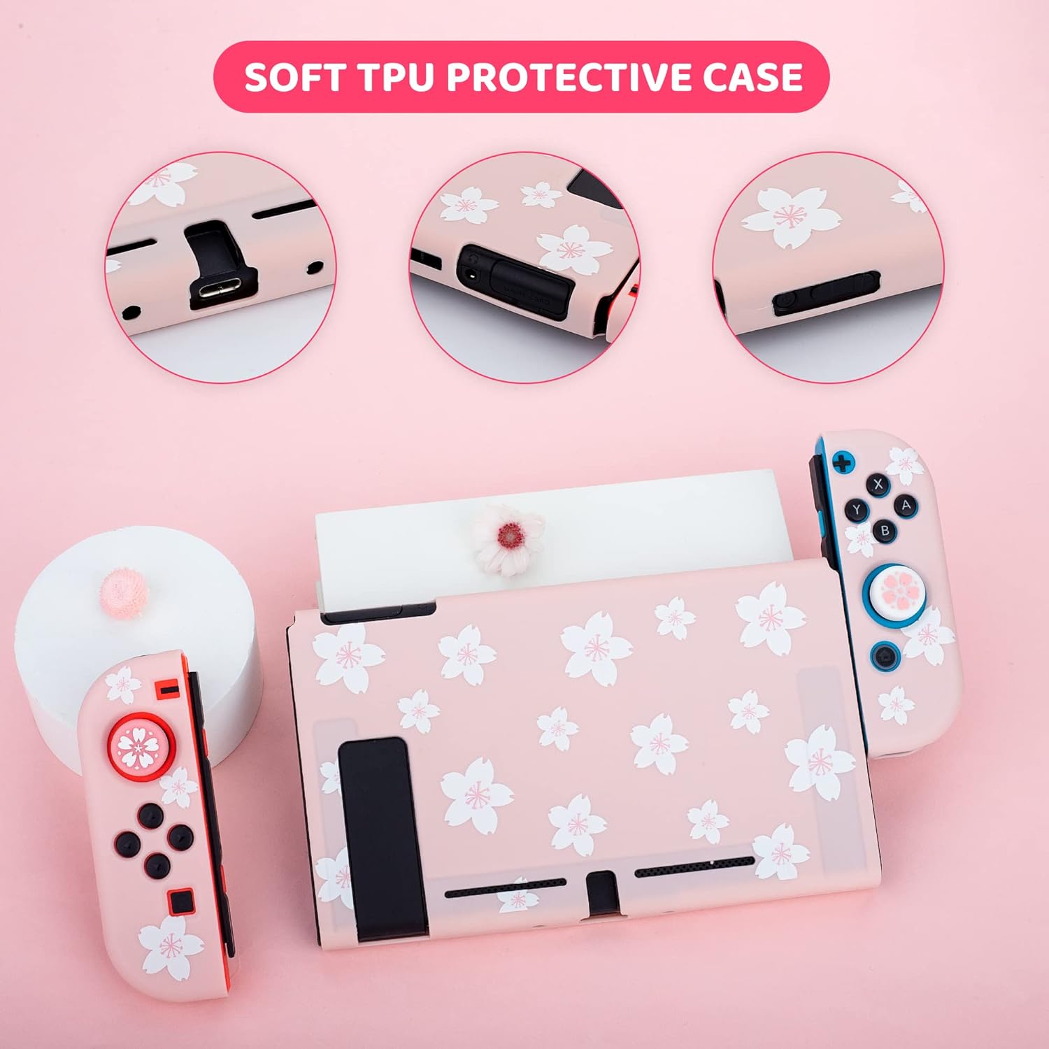 RHOTALL Two-Color Cherry Blossom Carrying Case for Nintendo Switch, Potable Storage Bag for Switch Accessories with Protective Case, Screen Protector, Adjustable Shoulder Strap and 2 Thumb Caps