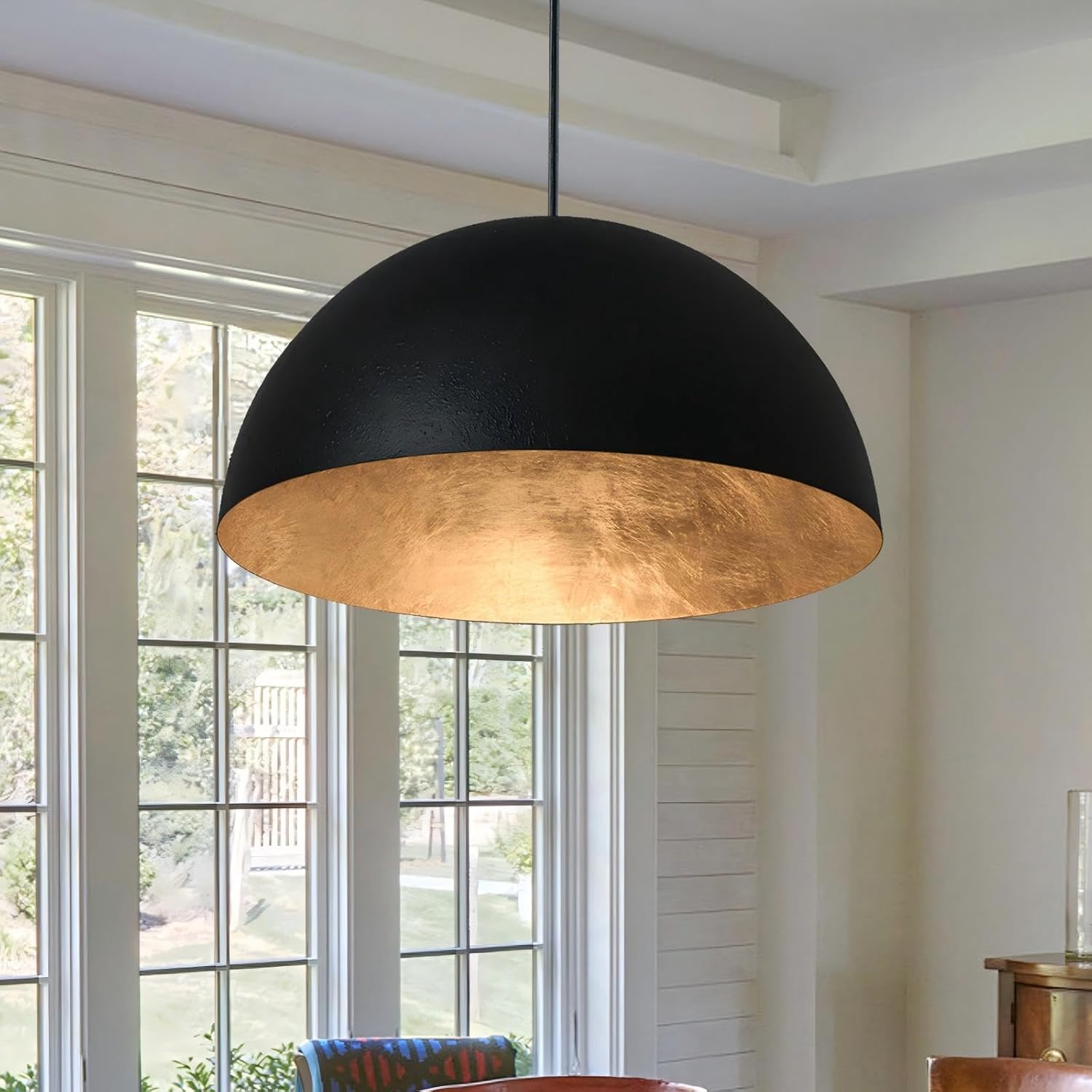 15 Inch Black and Gold Leaf Pendant Light, Grainy Matte Black Dome Chandelier with Hand-Applied Gold Leaf Interior, E26 Socket for Kitchen Island, Dining Room, or Bar
