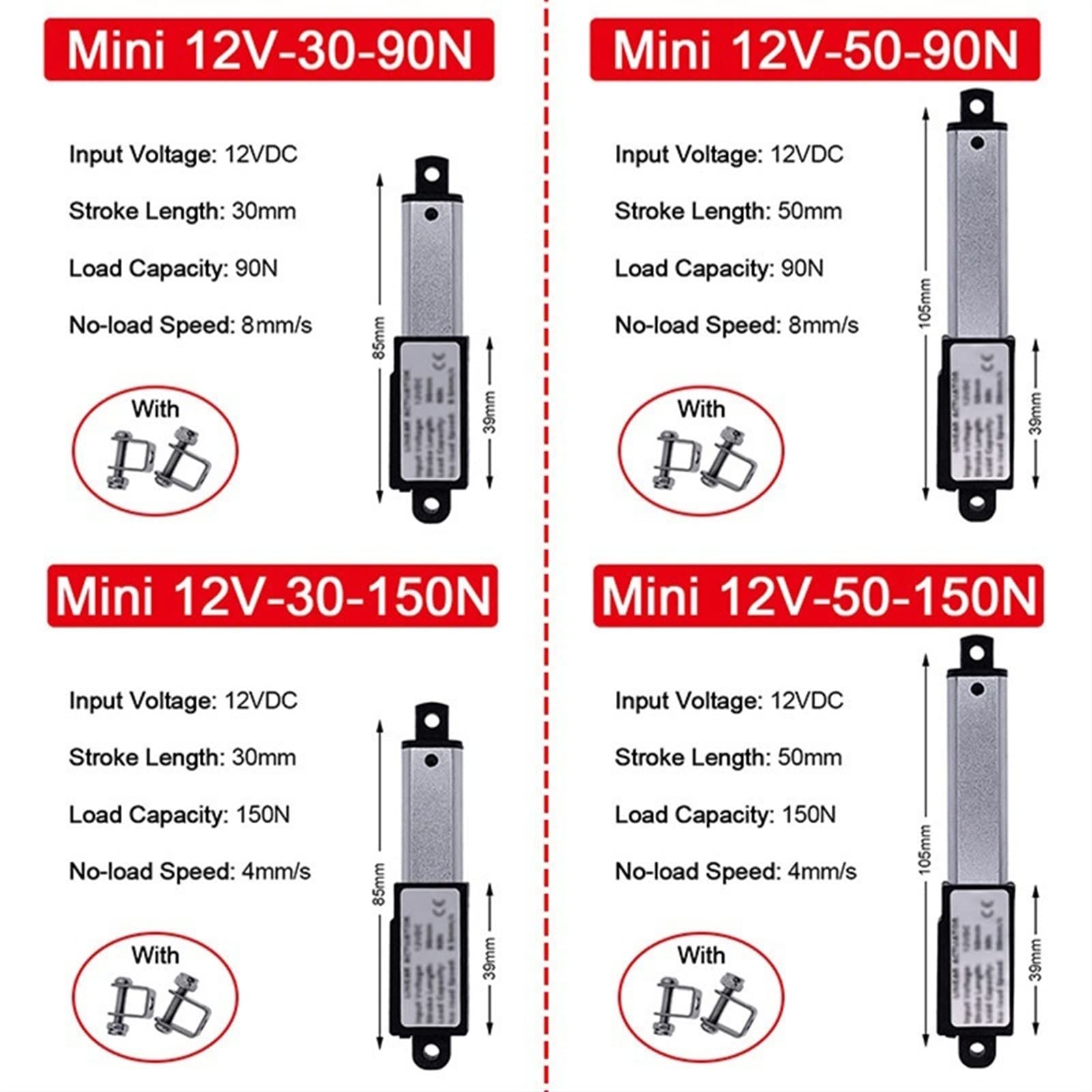 Actuador Lineal eléctrico de 12 V CC, Motor de 30 N, 60 N y 90 N, Controlador de Motor Lineal (Velocidad (RPM): 12 V, Carrera de 50 mm, 90 N)