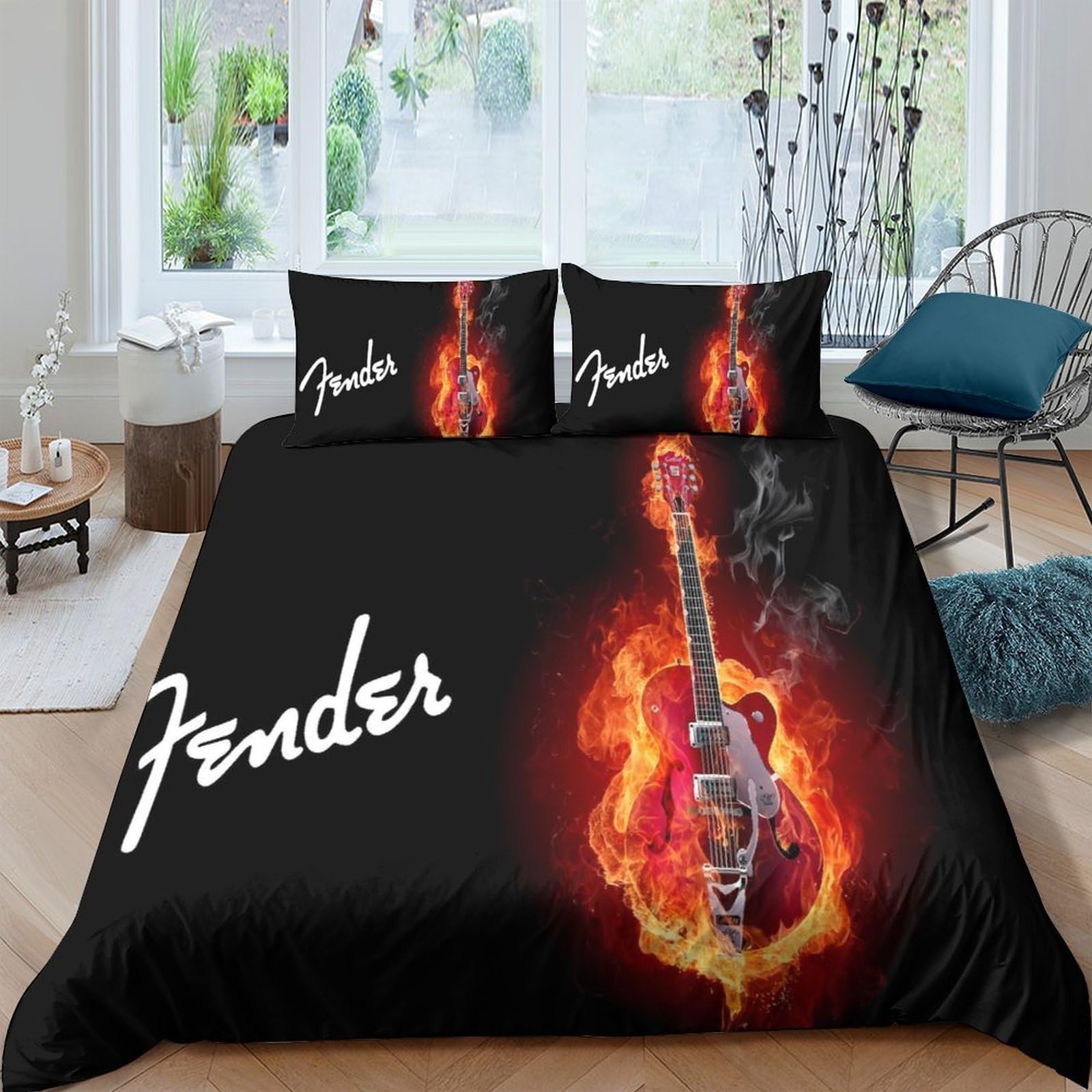 Ctjqhvkz Style-4 3D Printed Flaming Guitar Fitted Sheet Microfiber Soft Breathable Fire Guitar Bed Cover For Bedroom Dorm Decor Single（135X200cm）