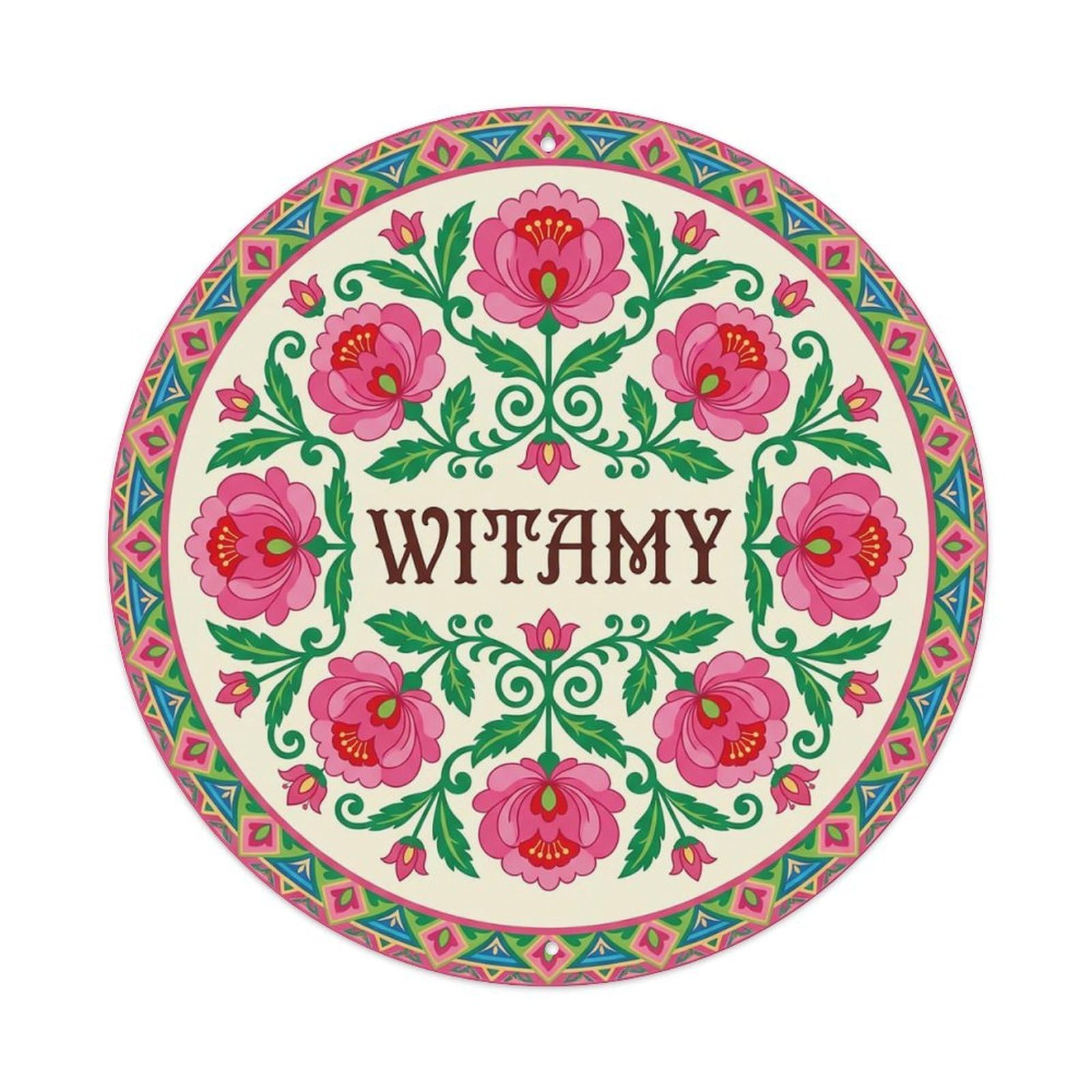 Vintage Polish Folk Art Witamy Welcome Peony Pink Metal Tin Sign