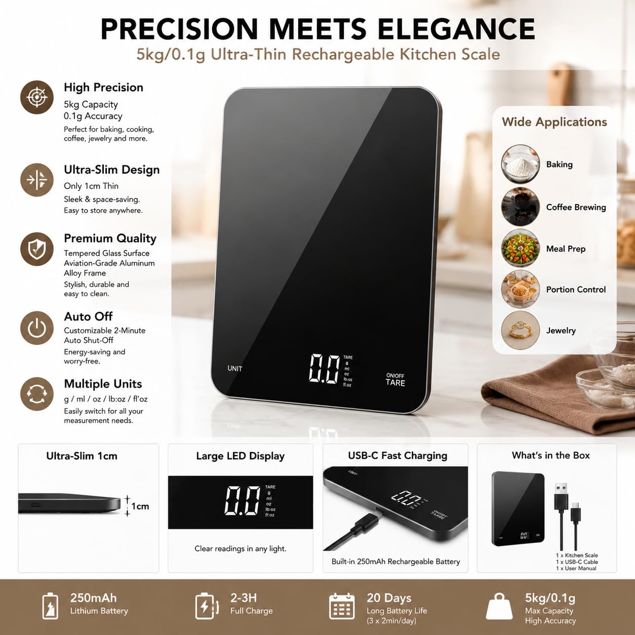 Rechargeable Digital Kitchen Scale, 5kg/0.1g High Precision Food Scale, Ultra Slim & Tempered Glass Platform, Tare & 4 Unit Modes, Perfect for Baking & Cooking