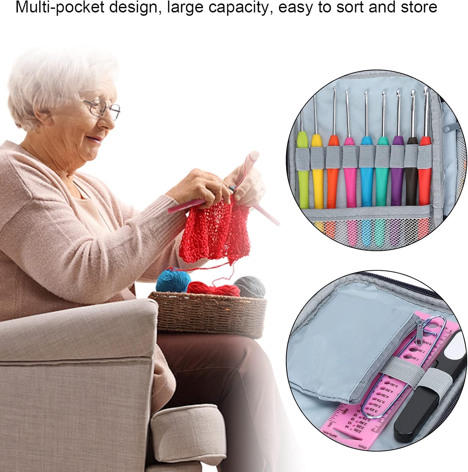 Sewing Organizer, Craft Storage Bag Crochet Bag Sewing Double Sided Zipper Desktop Storage Bag Craft Organizer Bag Hand Made Oxford Cloth Knitting Organizing Packet for Sewing