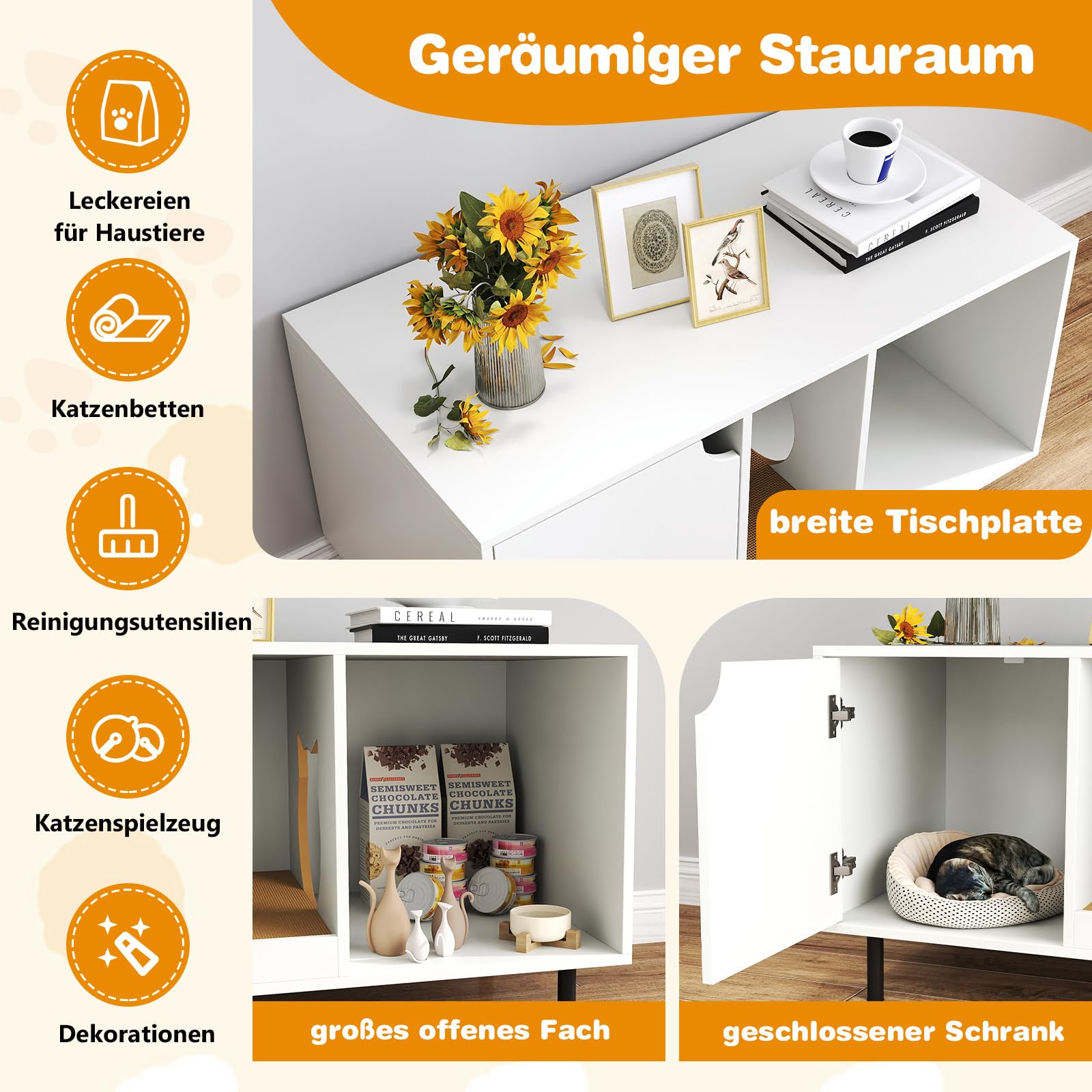 GOPLUS Katzenschrank für Katzentoilette, Katzenklo Schrank mit Abnehmbarer Kratzbrett, Eingang, Metallbeine & Eingang, Katzenhaus Beistelltisch aus Holz für 2 Katzen, 100 x 52 x 55 cm