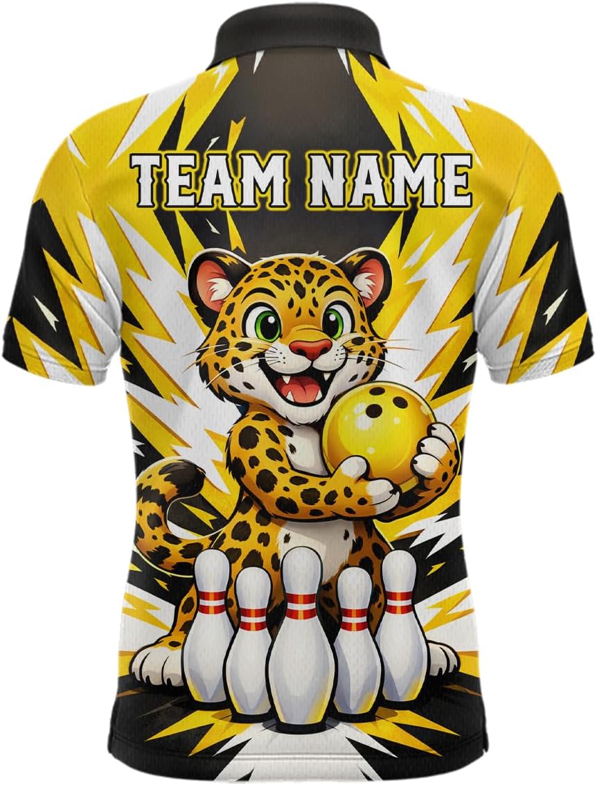 Funny Leopard Bowling Shirts for Team Men Women Leopard Bowling Jersey Yellow Bowling Polo and Bowling Zip Shirt