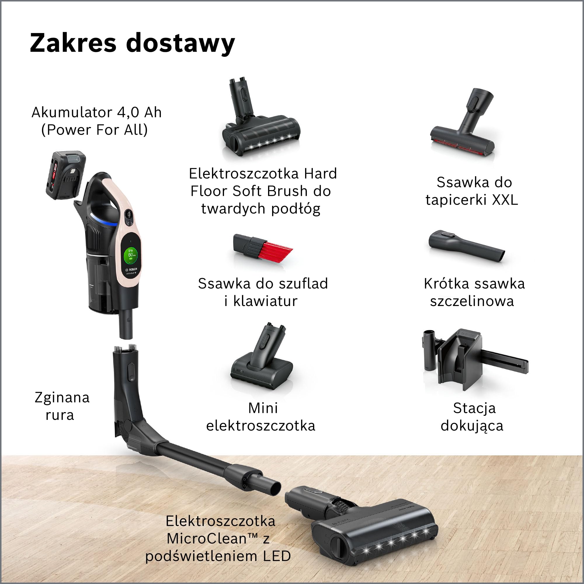 Bosch Unlimited 10, Odkurzacz Bezprzewodowy z Technologią MicroClean, łatwo opróżnianym pojemnikiem na kurz, zginaną rurą, podświetleniem LED i akumulatorem 4,0 Ah, kolor różowy, BKS1041RHF