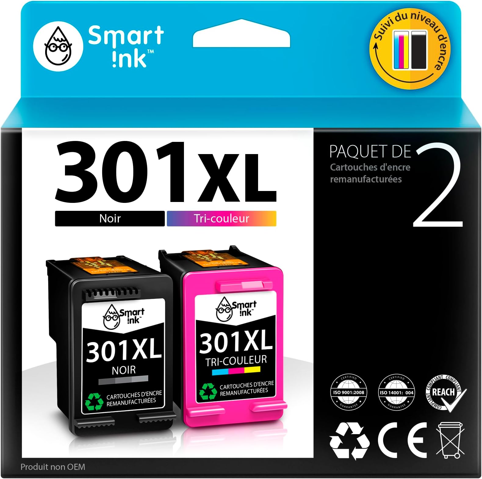 Cartouches D'encre Compatibles HP 301XL – 1 Noir + 1 Couleur – XXL Made In France
